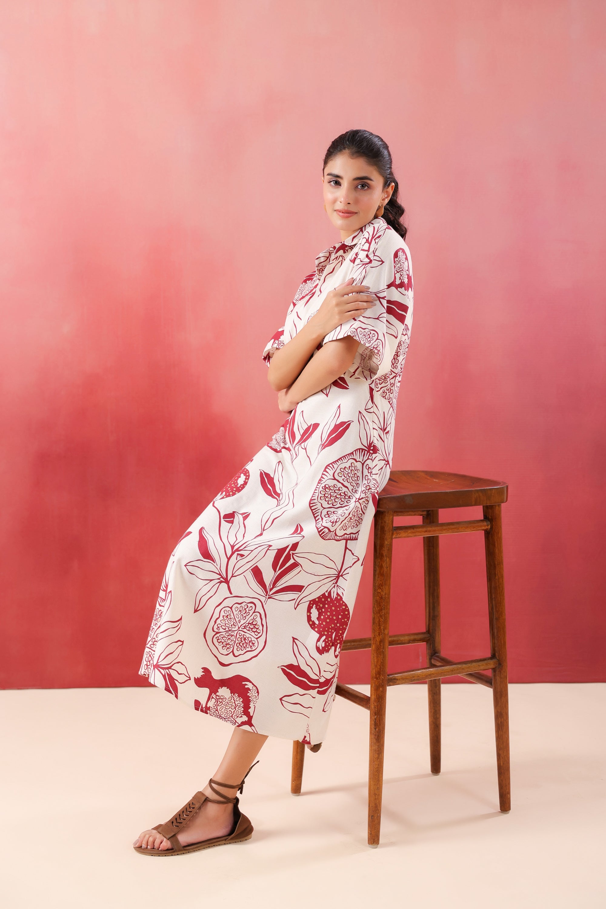 Ivory Pomegranate Printed Maroon Cotton Flex Dress