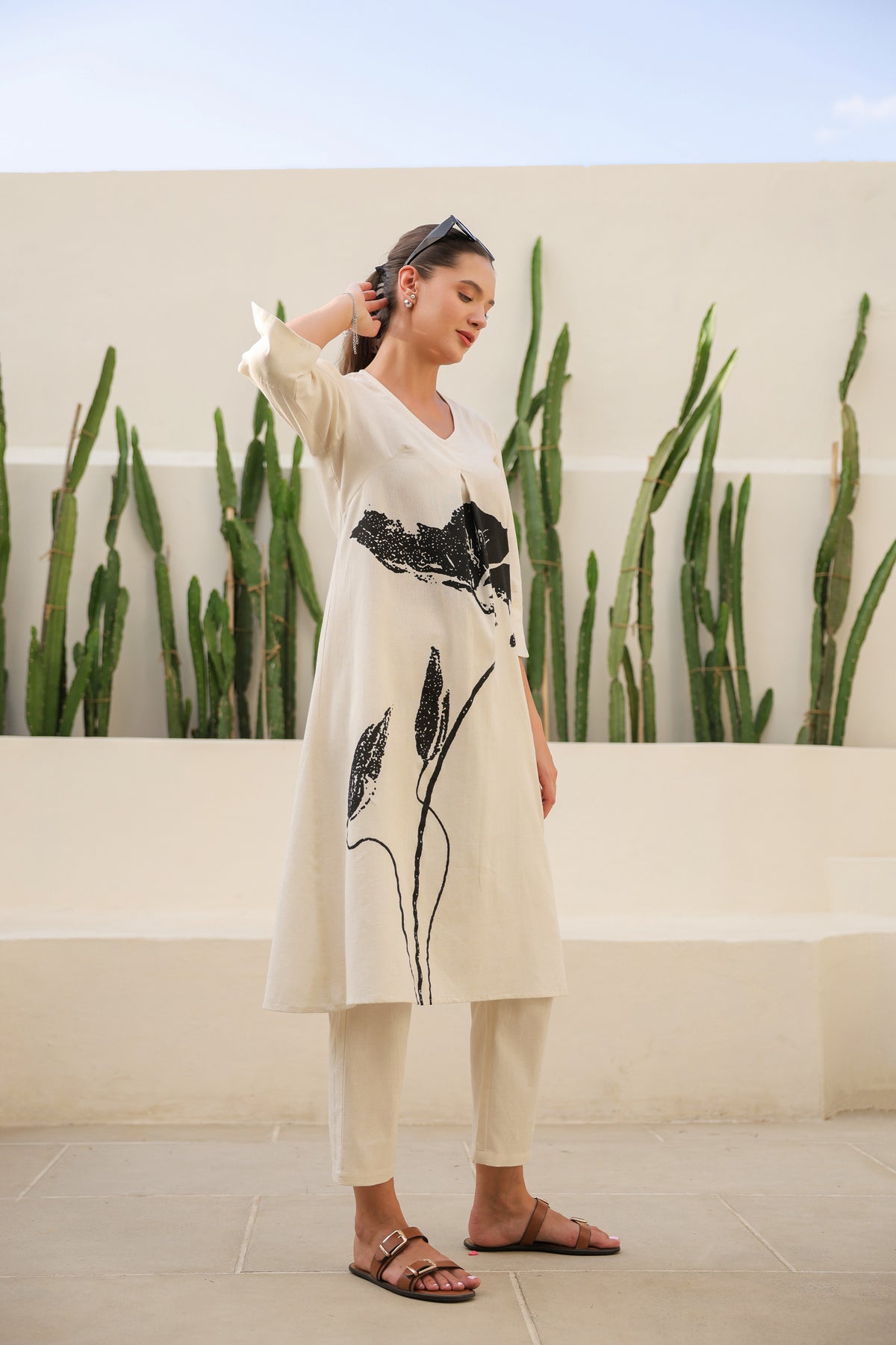 Floral Black & Beige Printed Cotton Flex Long Co-ord Set