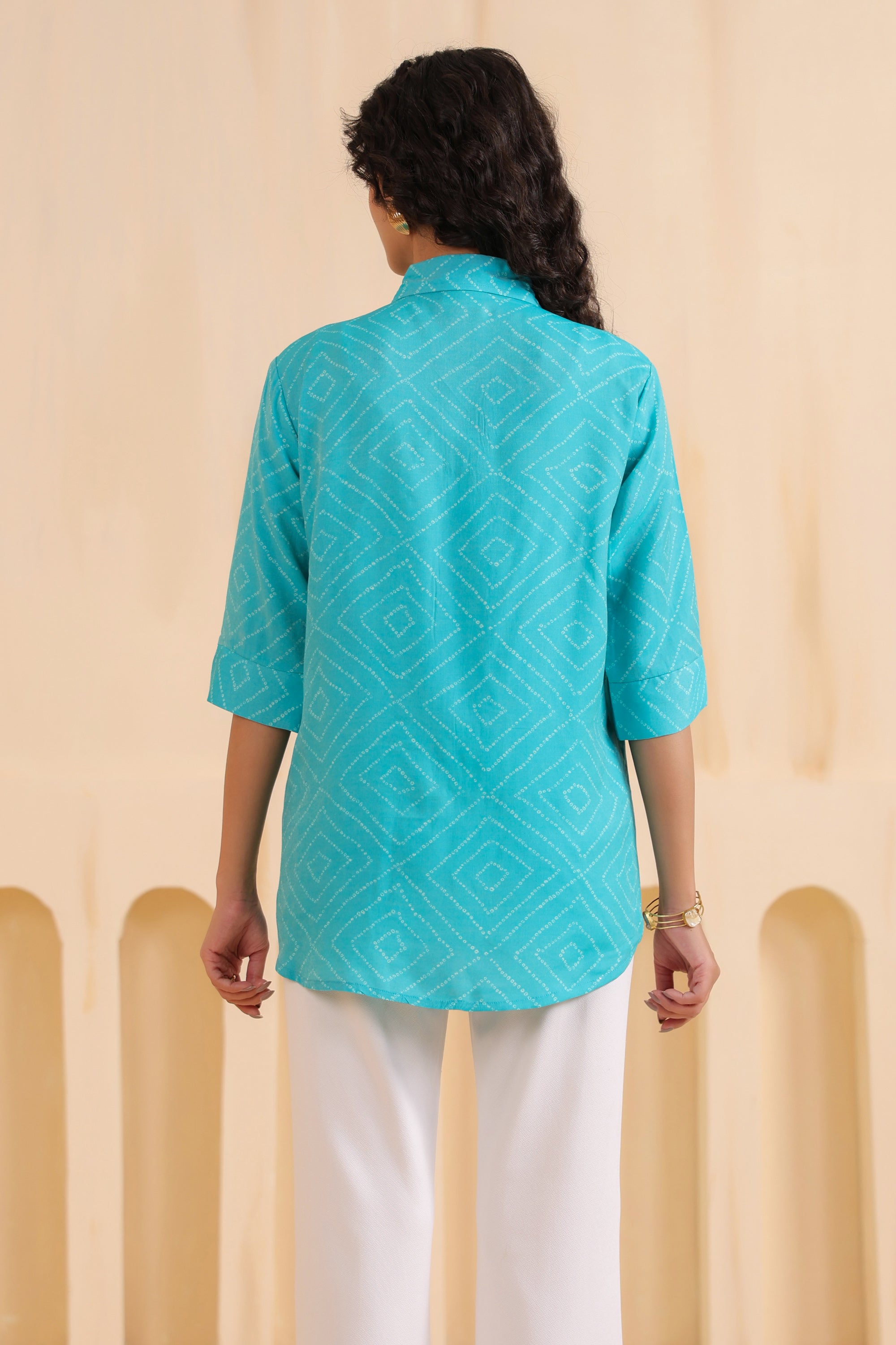 Aqua Geometry Classic Button-Down Muslin Silk Shirt
