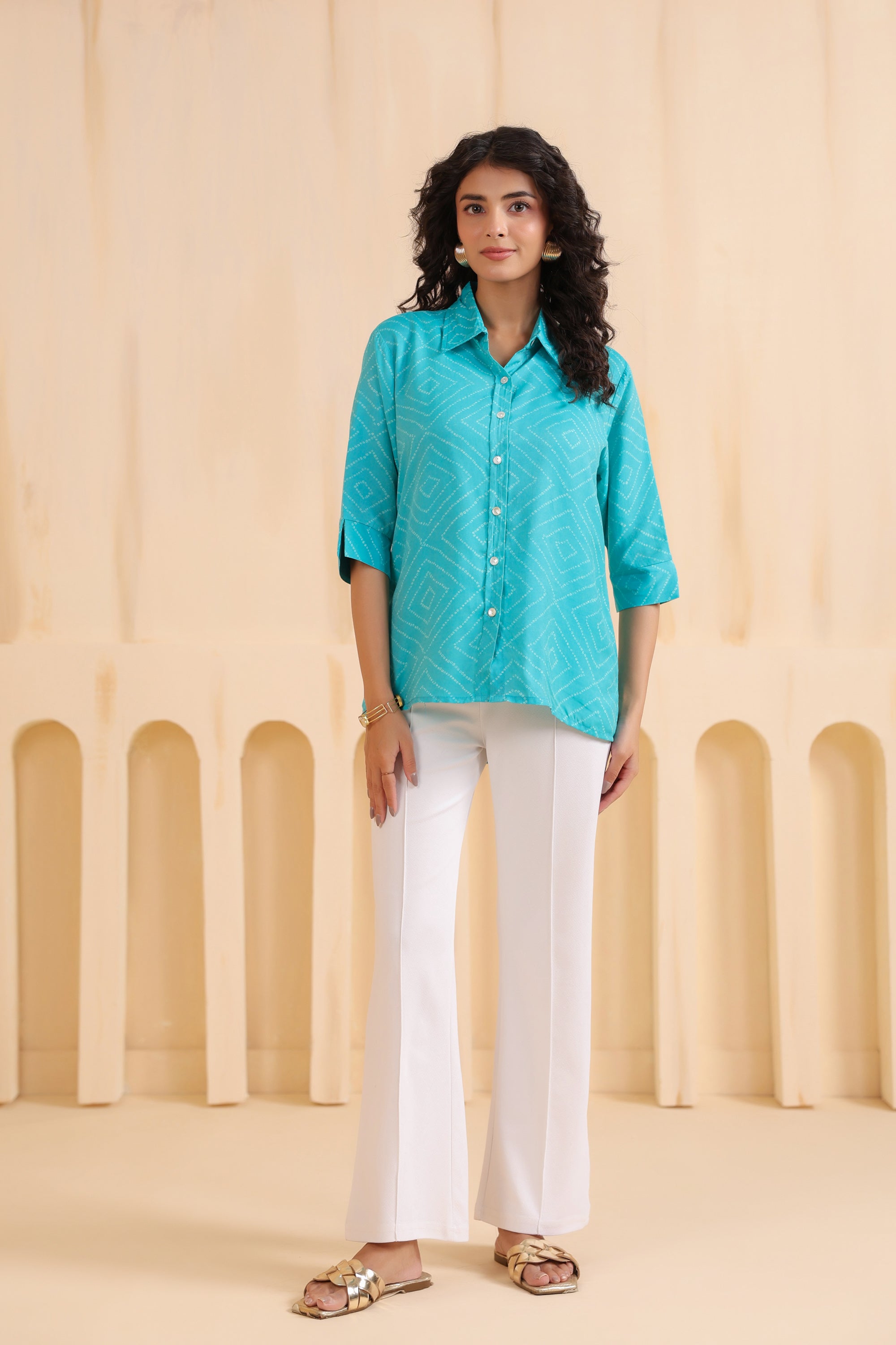 Aqua Geometry Classic Button-Down Muslin Silk Shirt