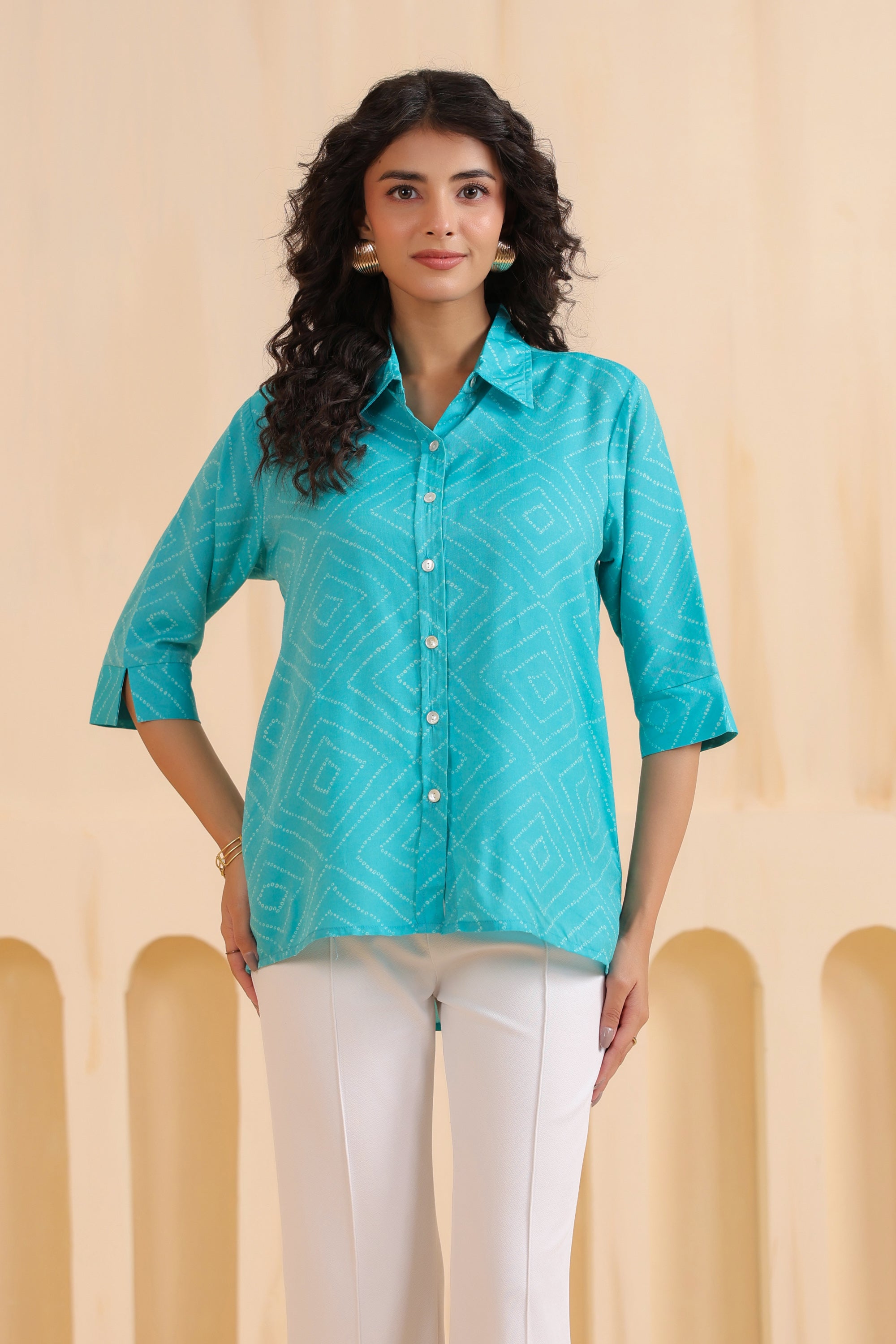 Aqua Geometry Classic Button-Down Muslin Silk Shirt