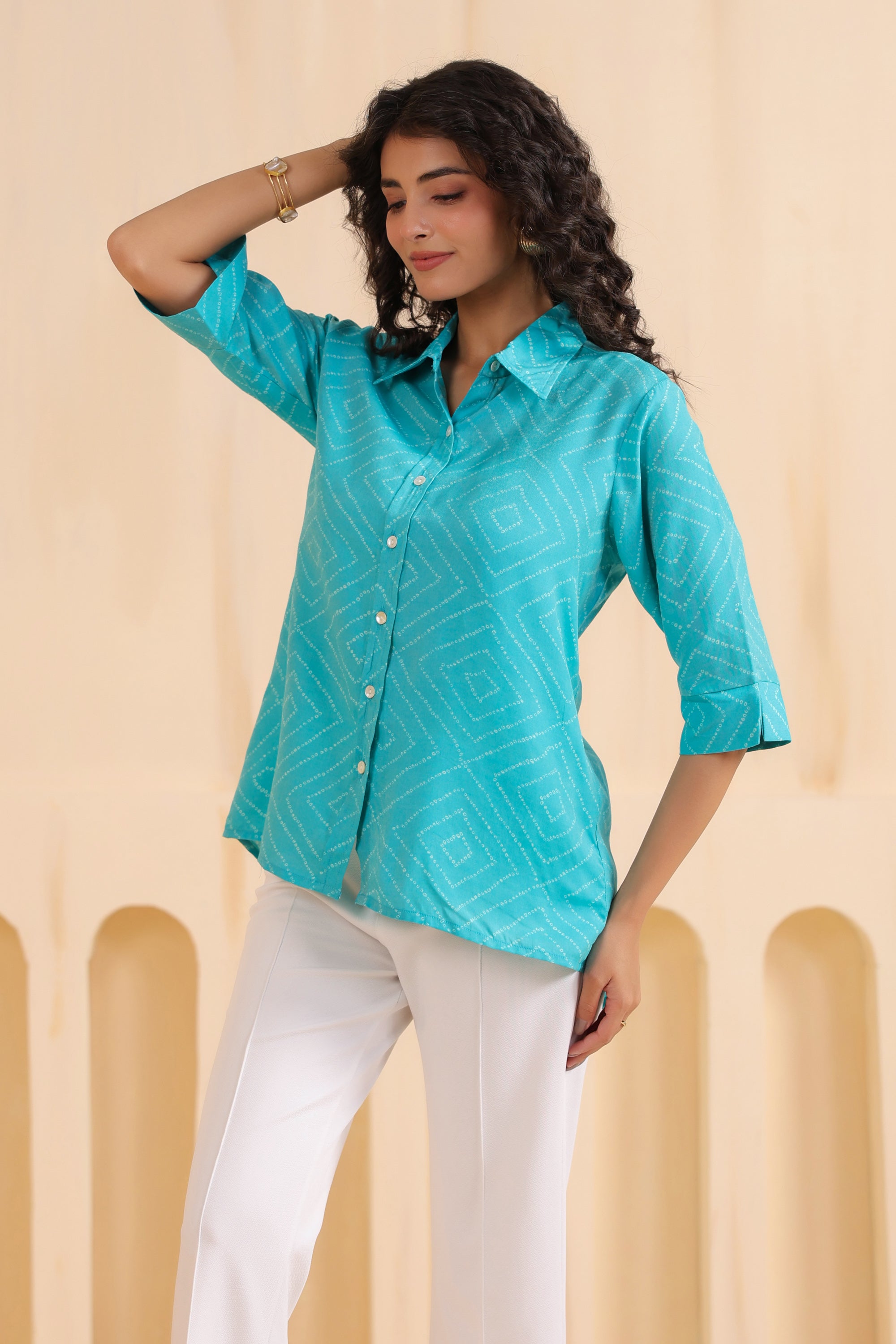 Aqua Geometry Classic Button-Down Muslin Silk Shirt