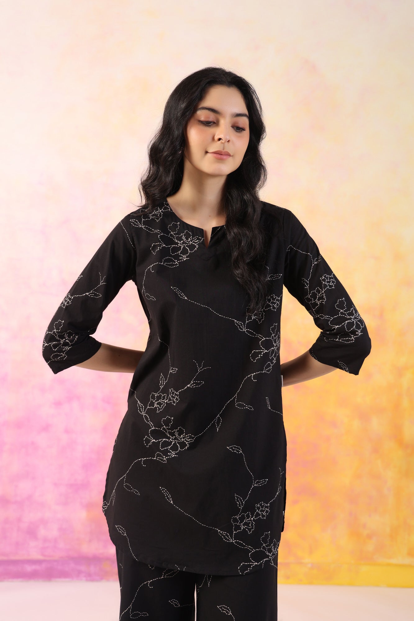 Floral Dots on Black Cotton Palazzo Loungewear Set