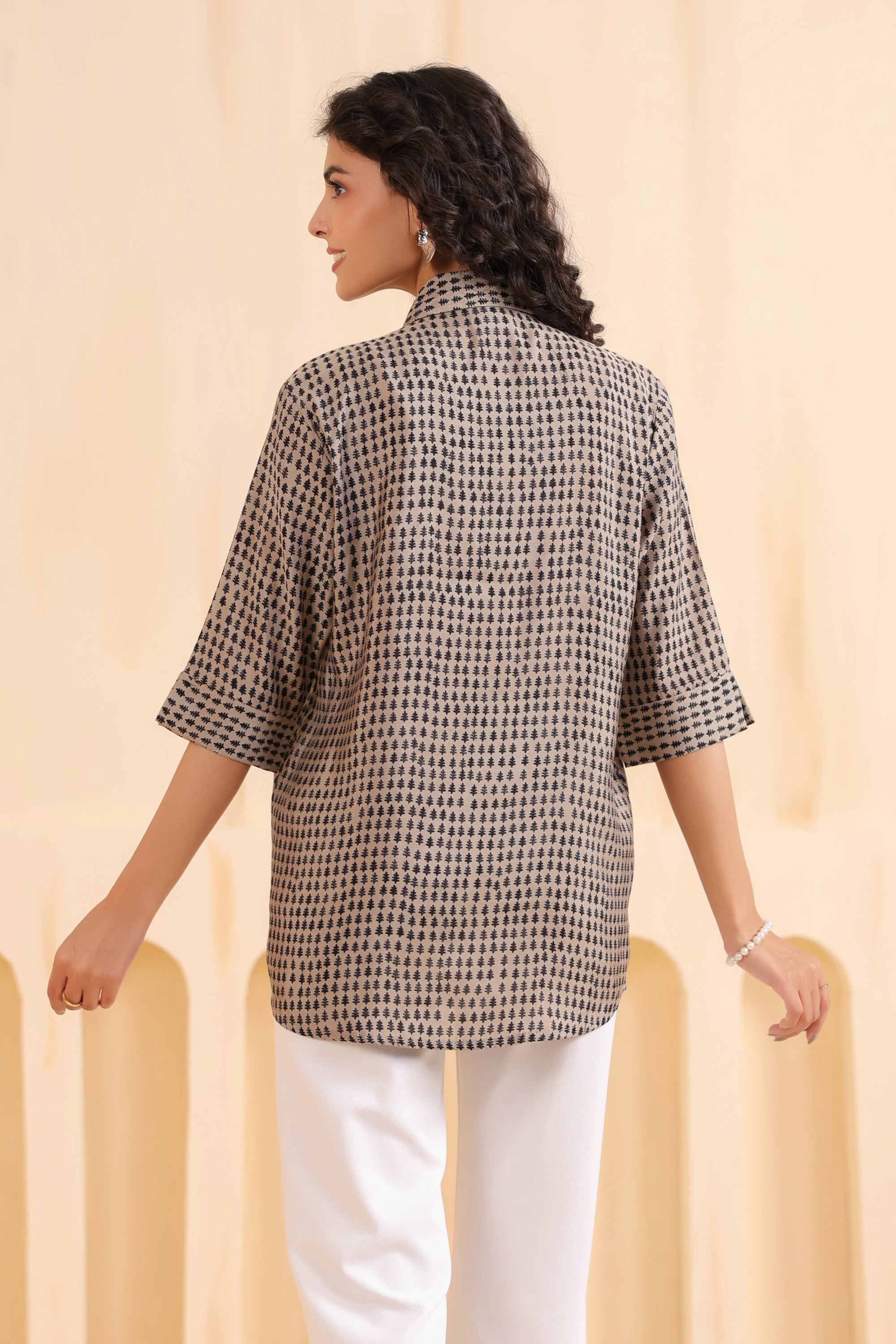 Mocha Mini Motif Everyday Muslin Silk Shirt