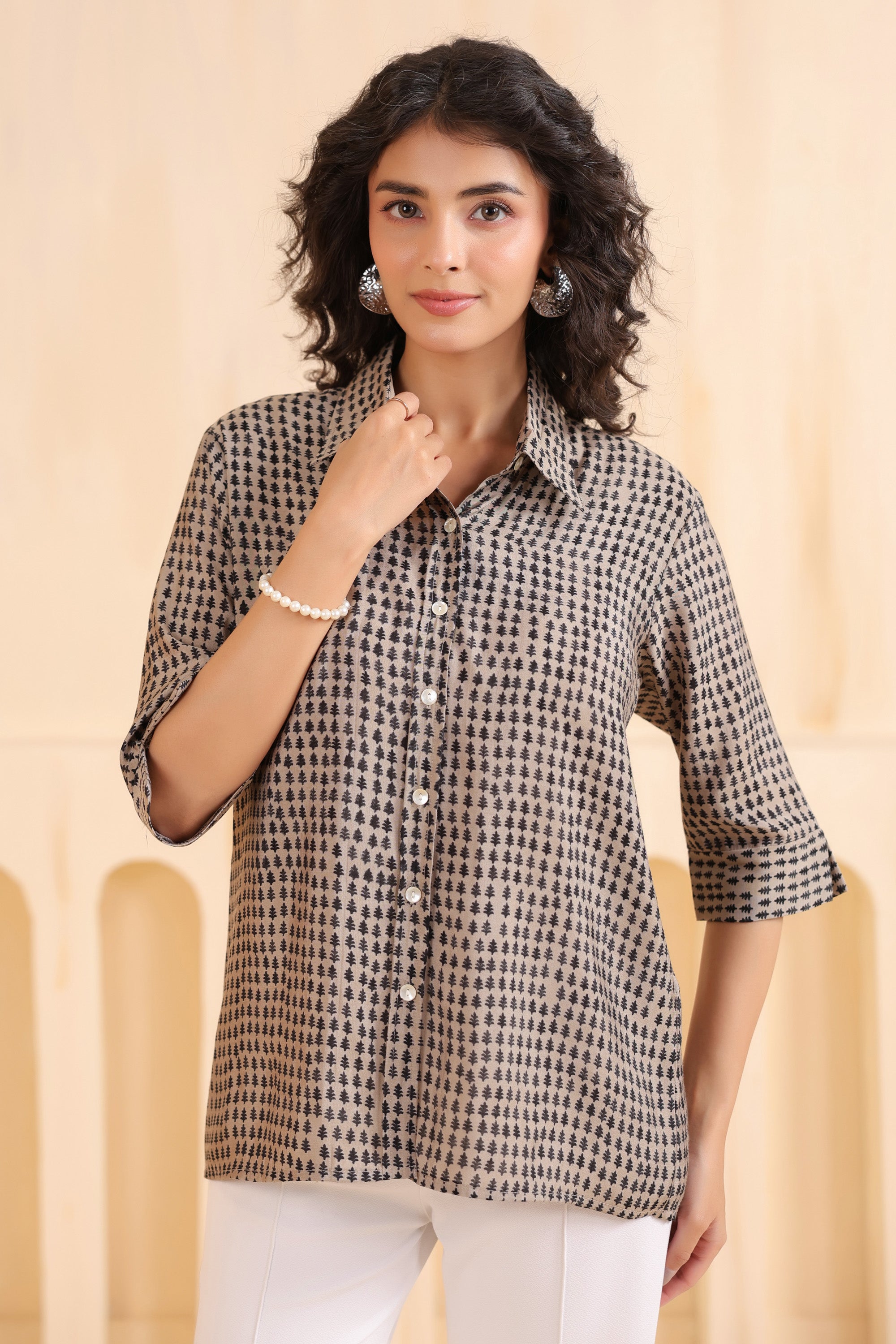 Mocha Mini Motif Everyday Muslin Silk Shirt