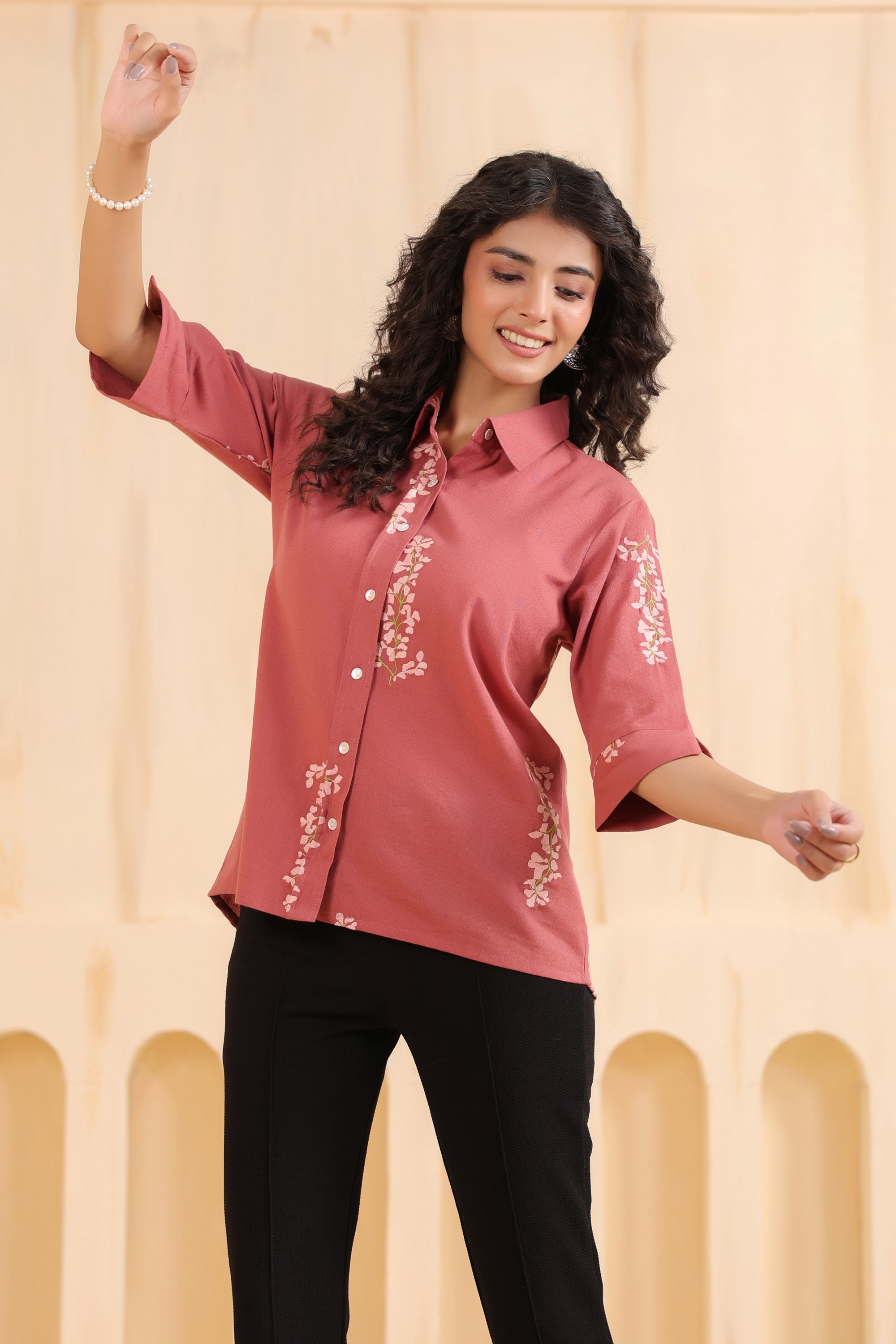 Rosewood Blossom Embroidered Cotton Flex Shirt
