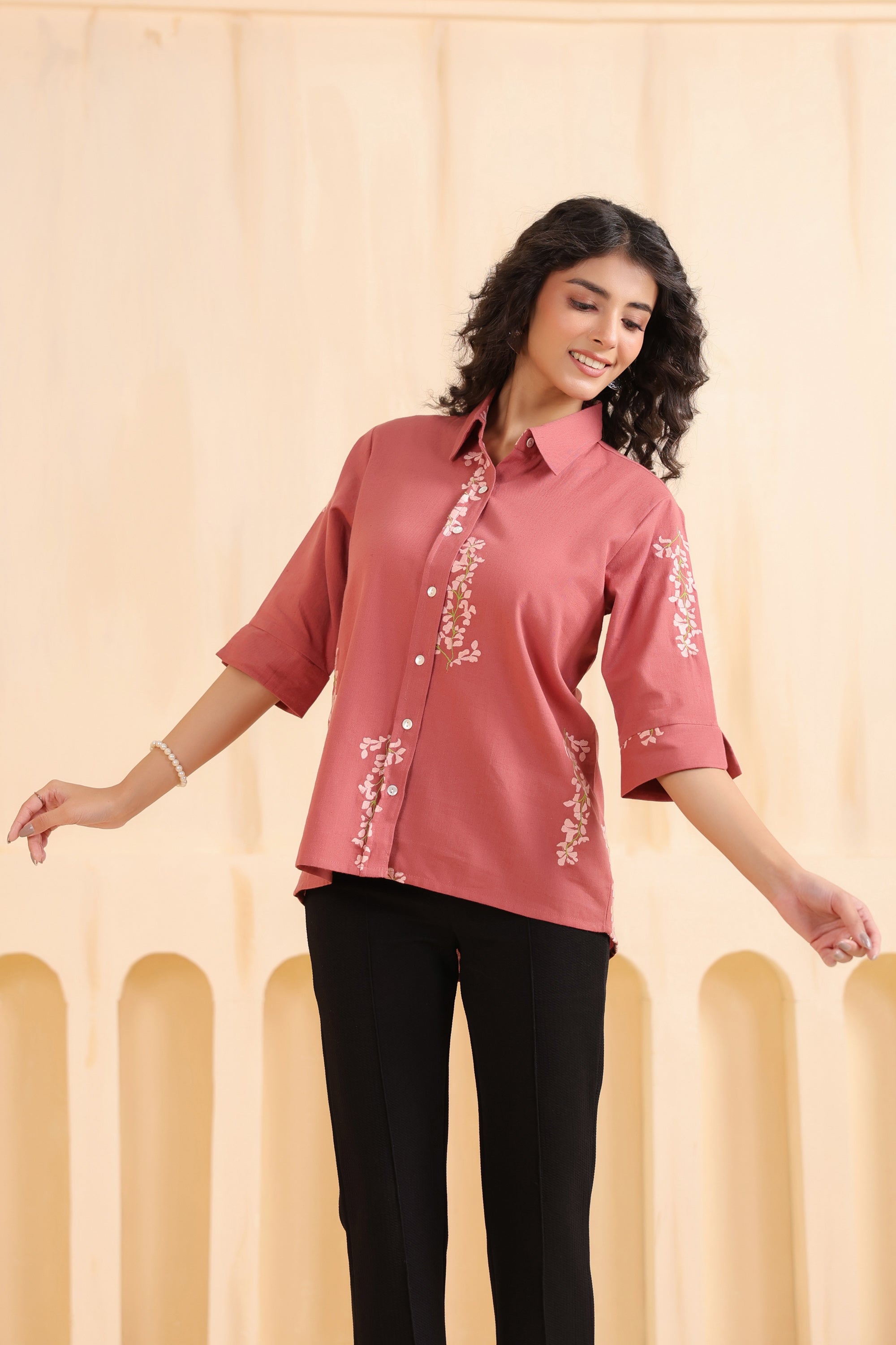 Rosewood Blossom Embroidered Cotton Flex Shirt