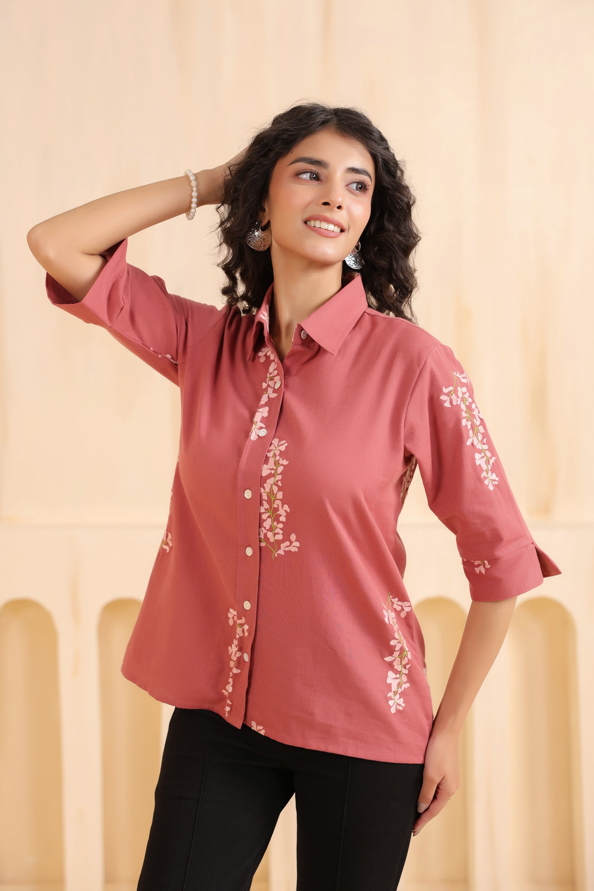 Rosewood Blossom Embroidered Cotton Flex Shirt