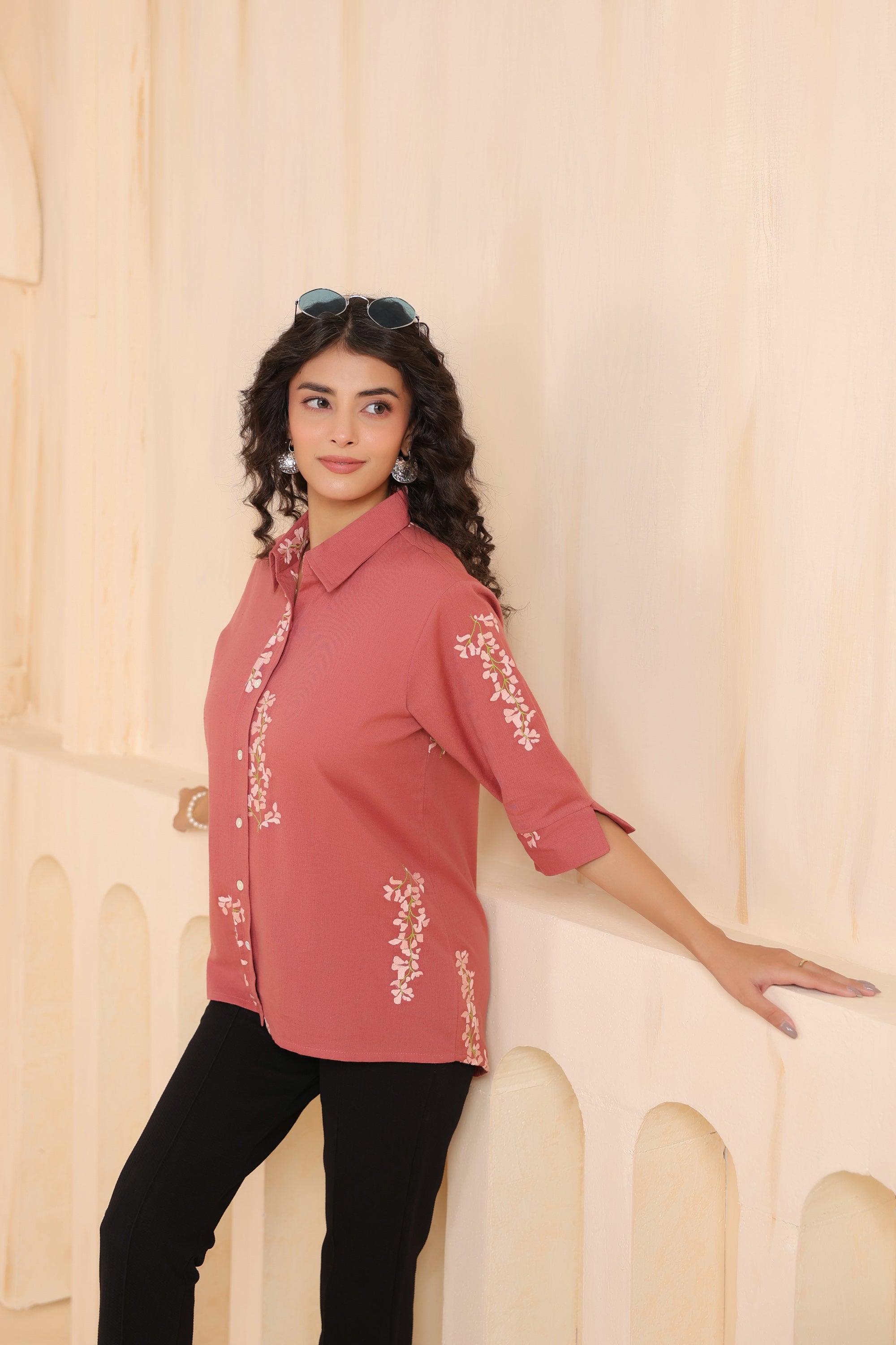 Rosewood Blossom Embroidered Cotton Flex Shirt