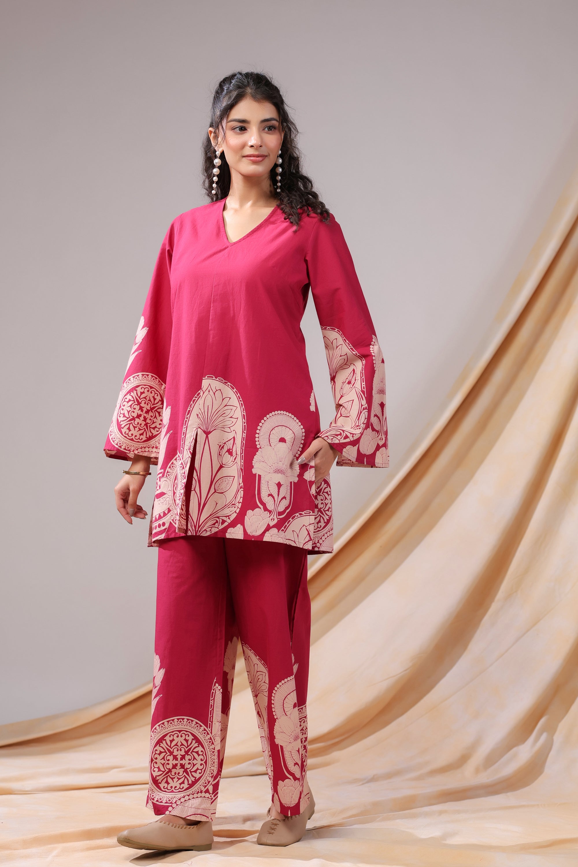 Pink Floral & Geometric Motifs Printed Cotton Co-ord Set