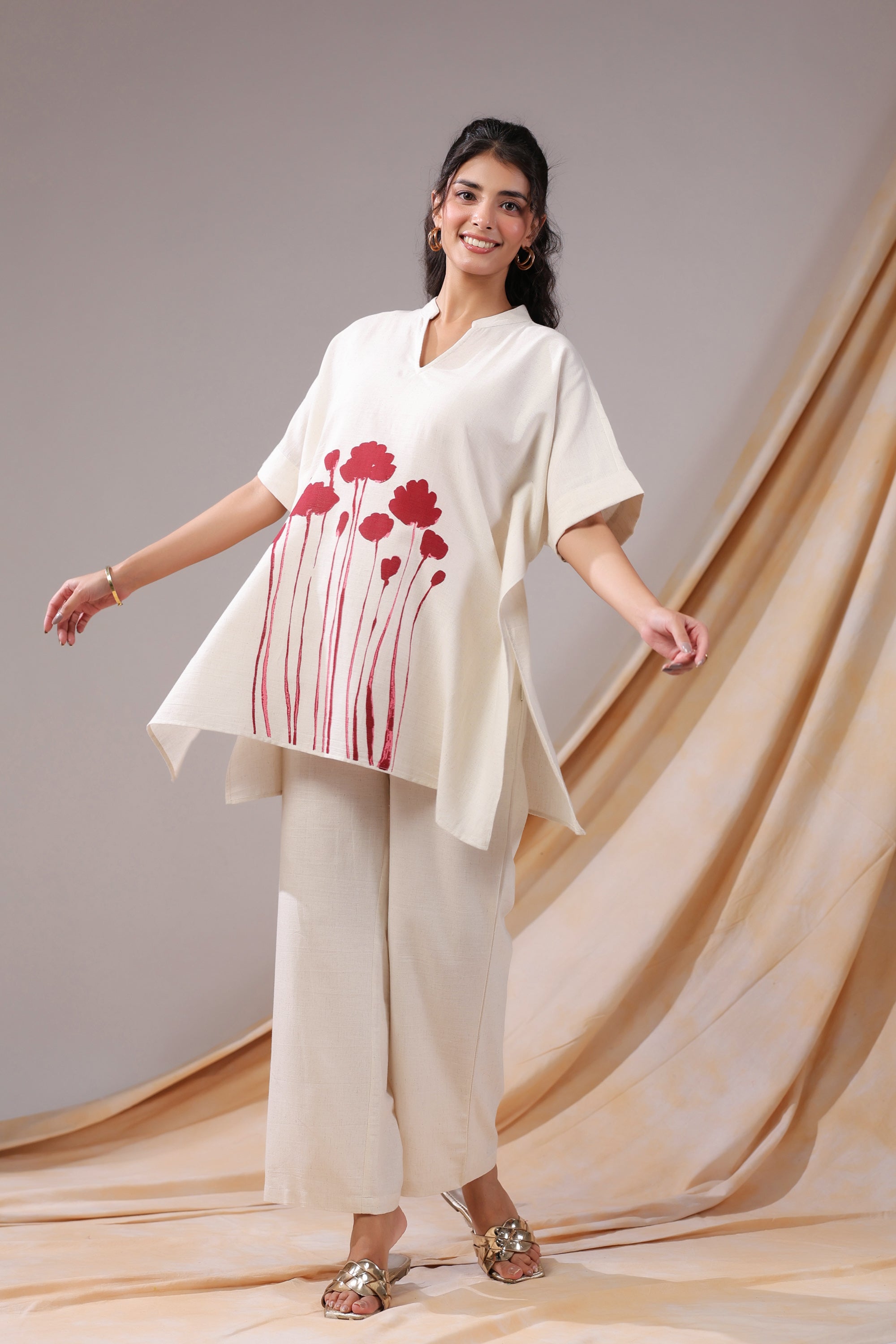 Off-White And Red Floral Print Tunic Cotton Flex Co-ord Set