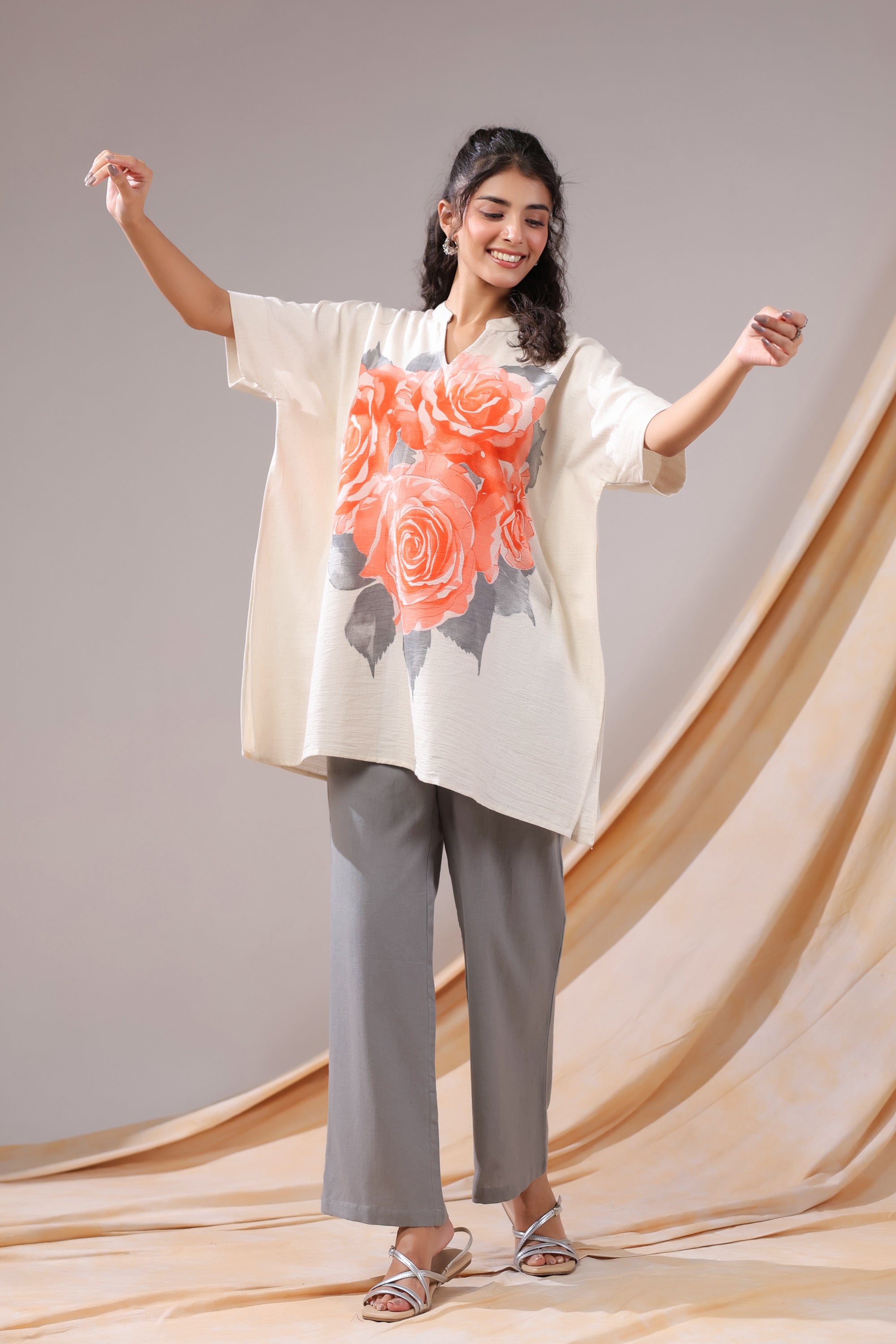 Coral Rose Printed Cotton Flex Co-ord Set