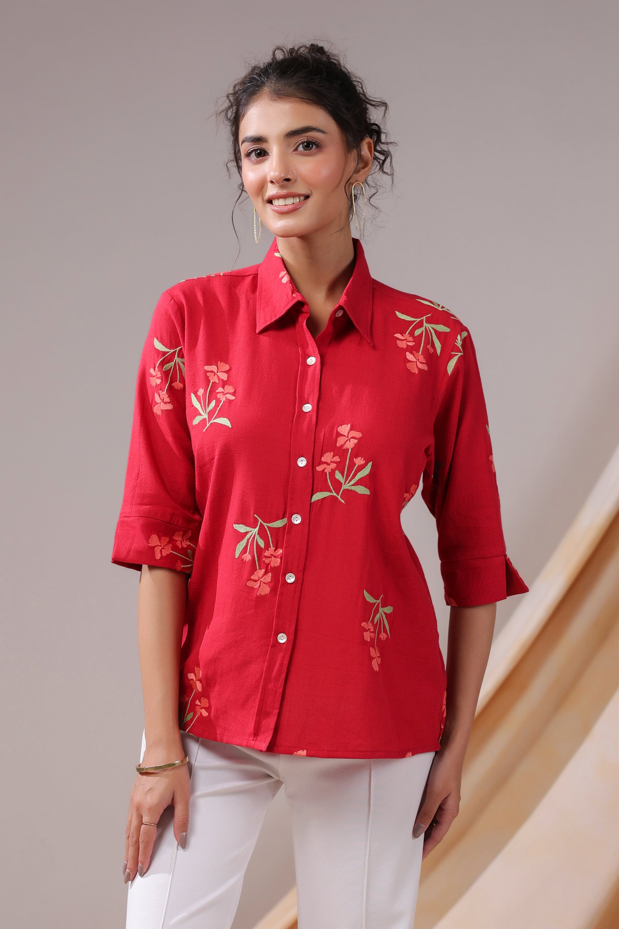 Crimson Petal Embroidered Cotton Flex Shirt