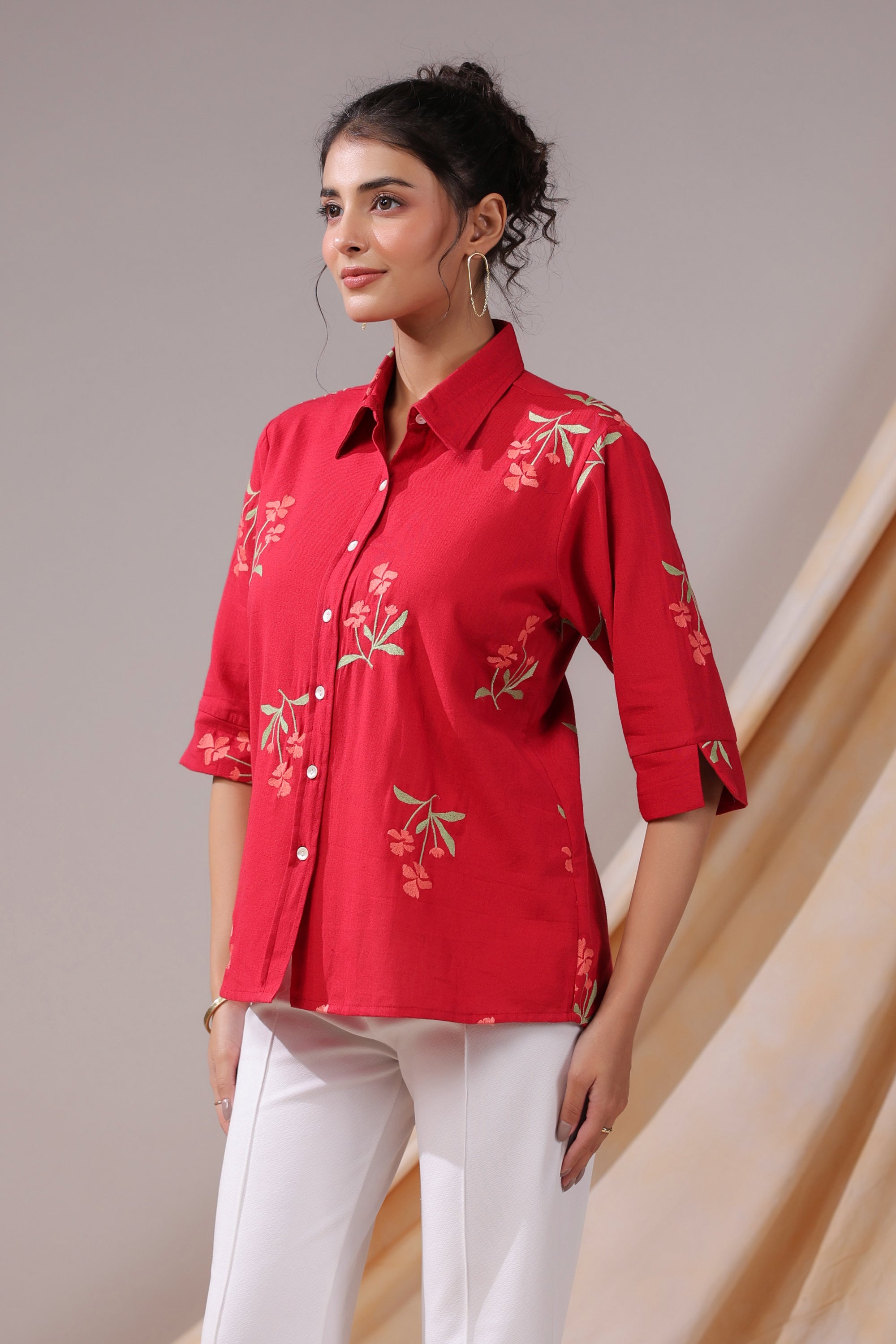 Crimson Petal Embroidered Cotton Flex Shirt