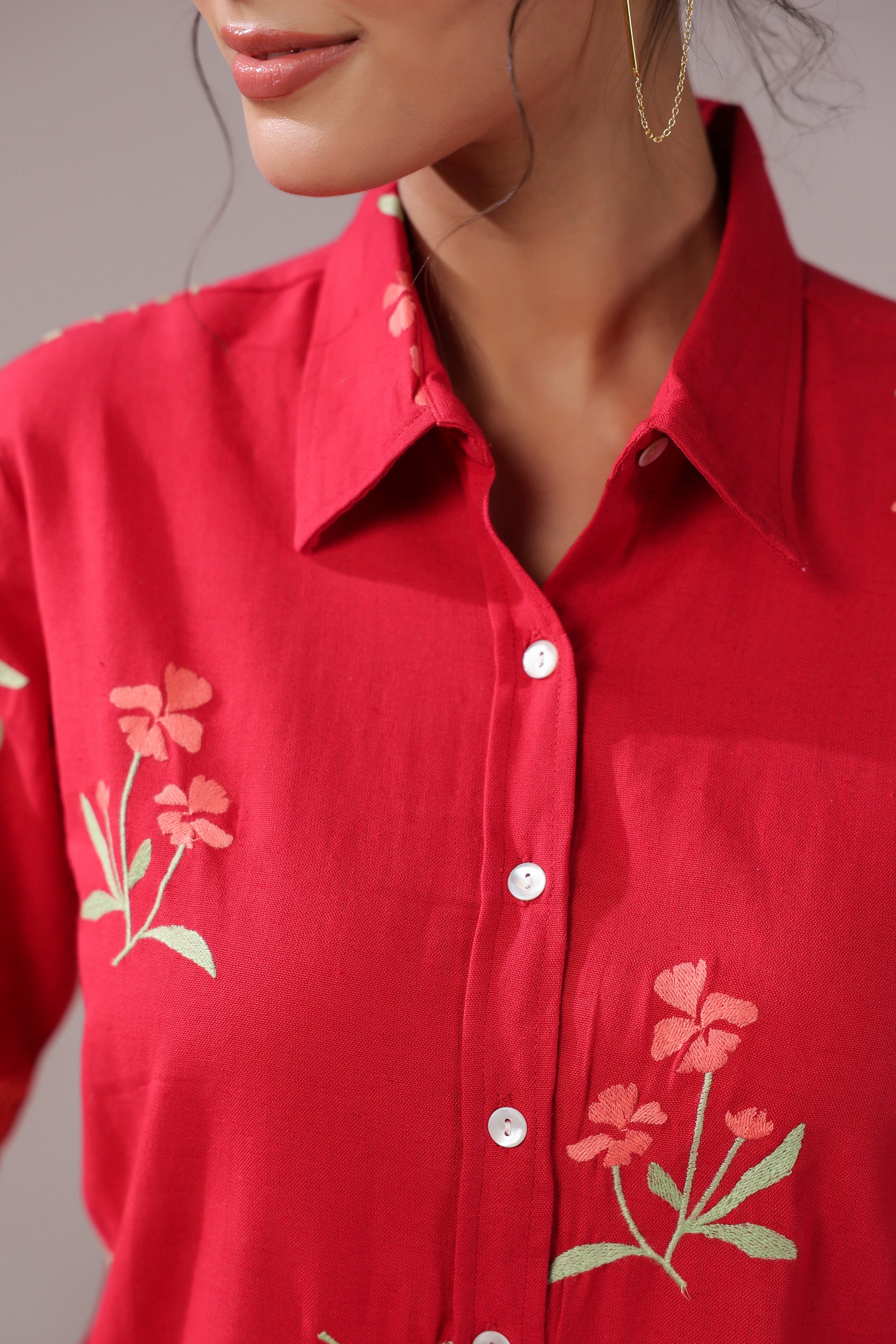 Crimson Petal Embroidered Cotton Flex Shirt