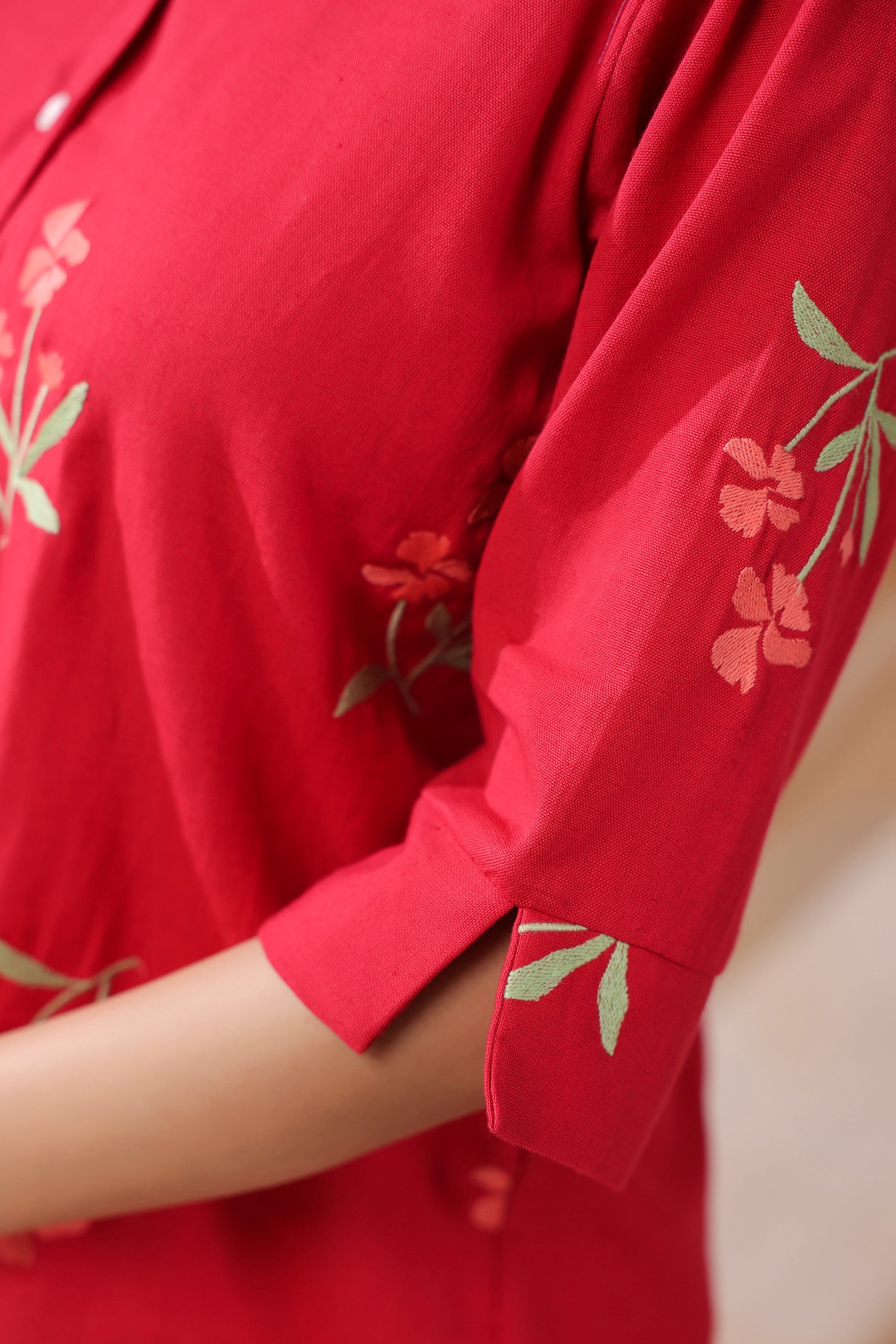 Crimson Petal Embroidered Cotton Flex Shirt