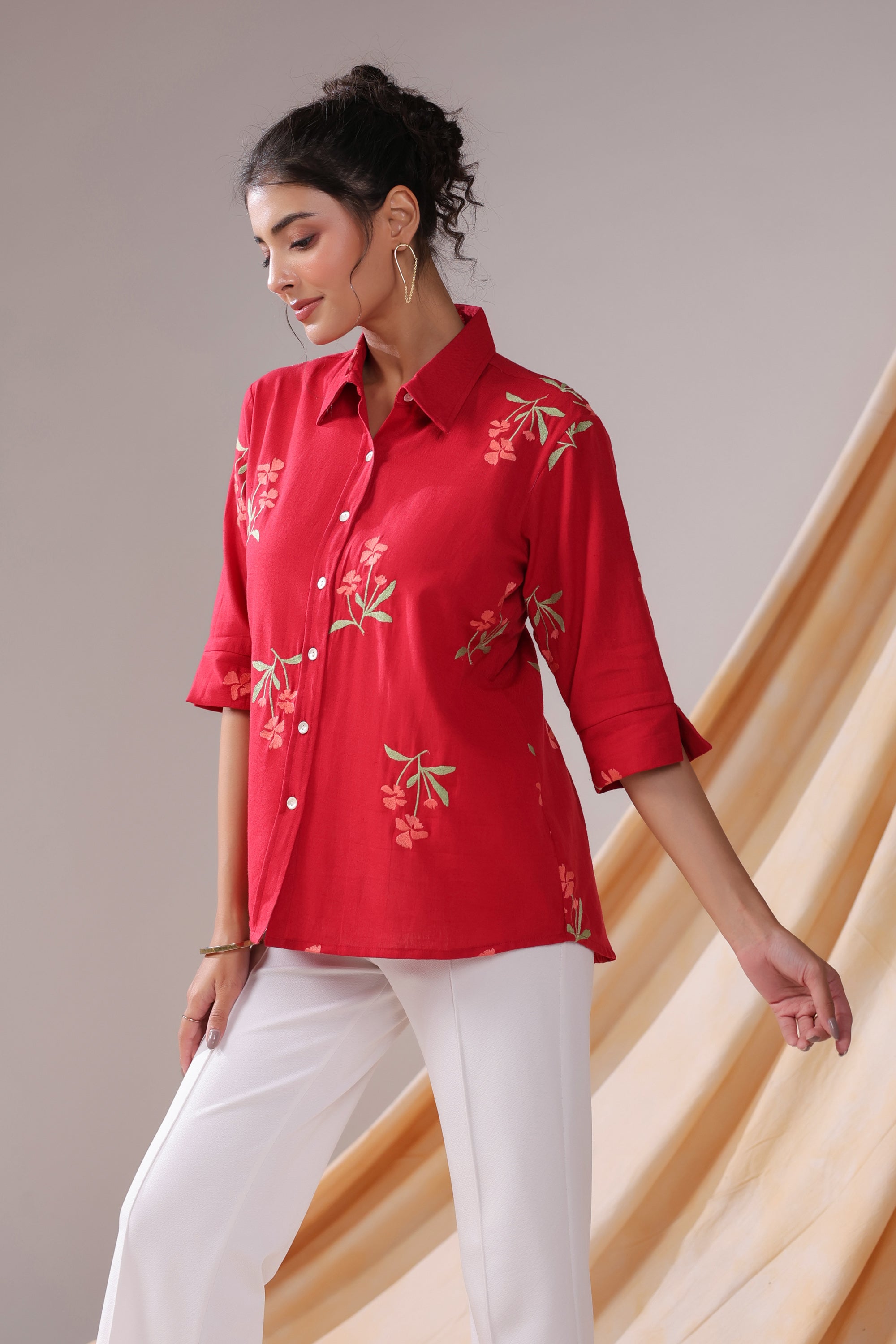 Crimson Petal Embroidered Cotton Flex Shirt