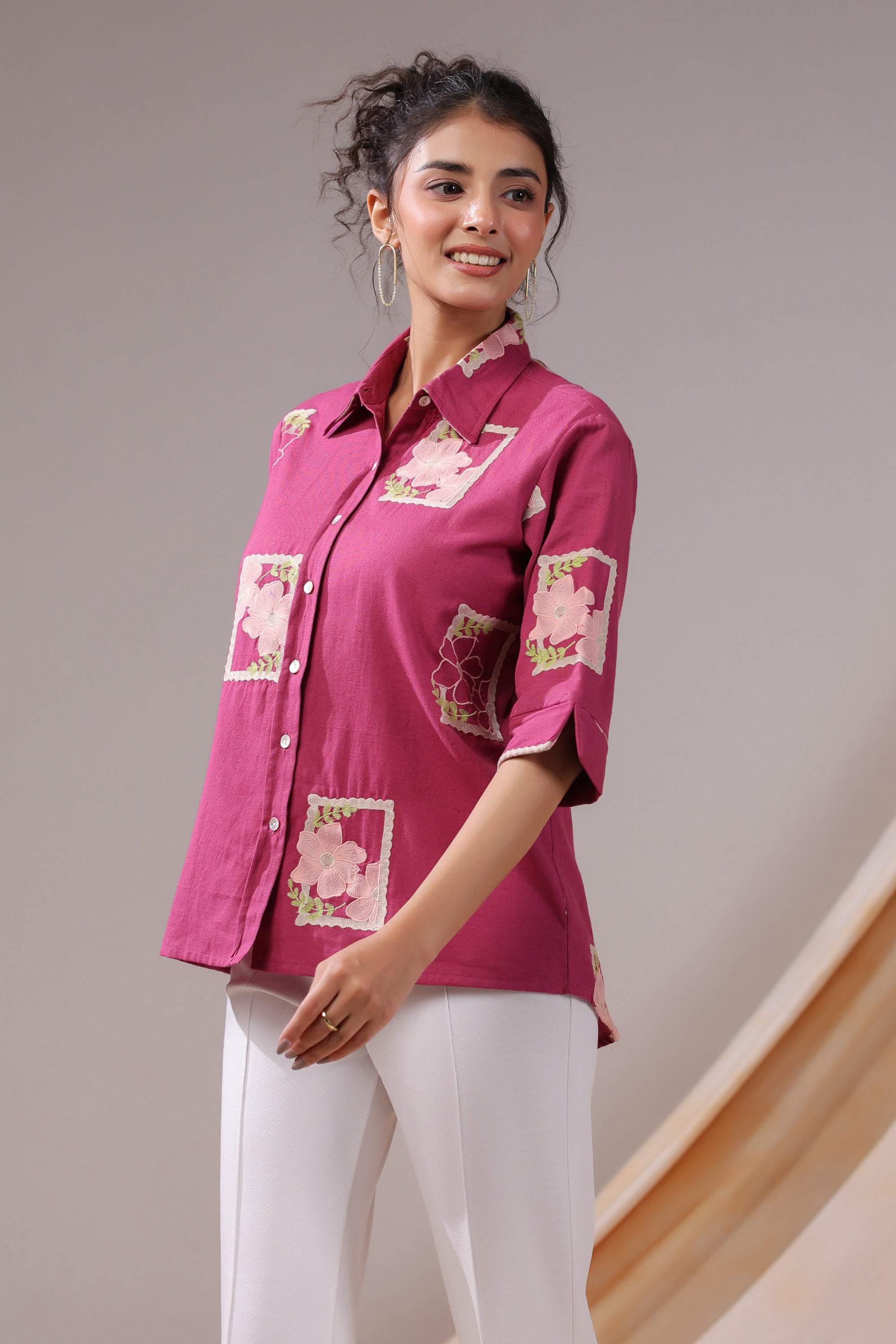 Fuchsia Patchwork Floral Cotton Flex Shirt