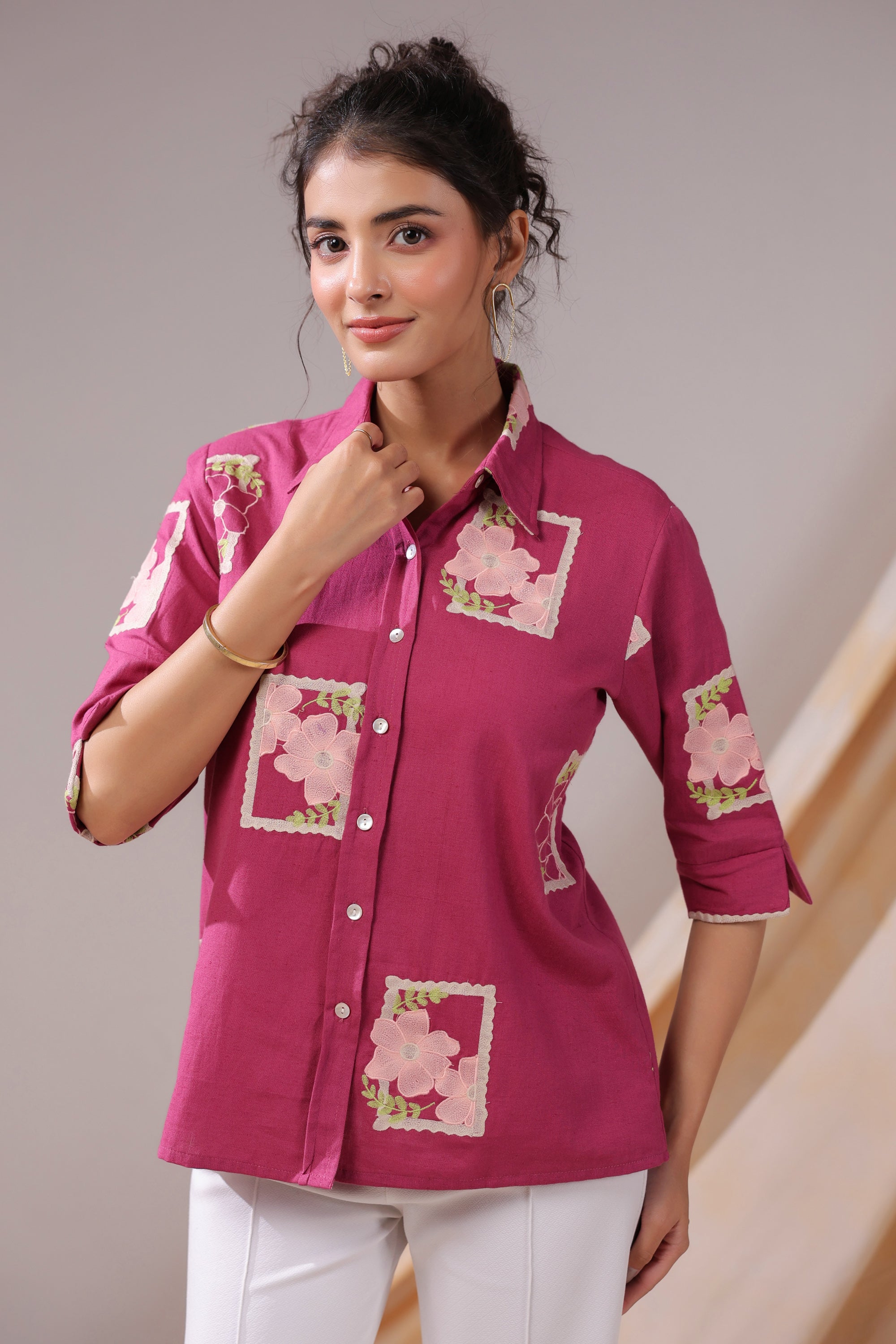 Fuchsia Patchwork Floral Cotton Flex Shirt