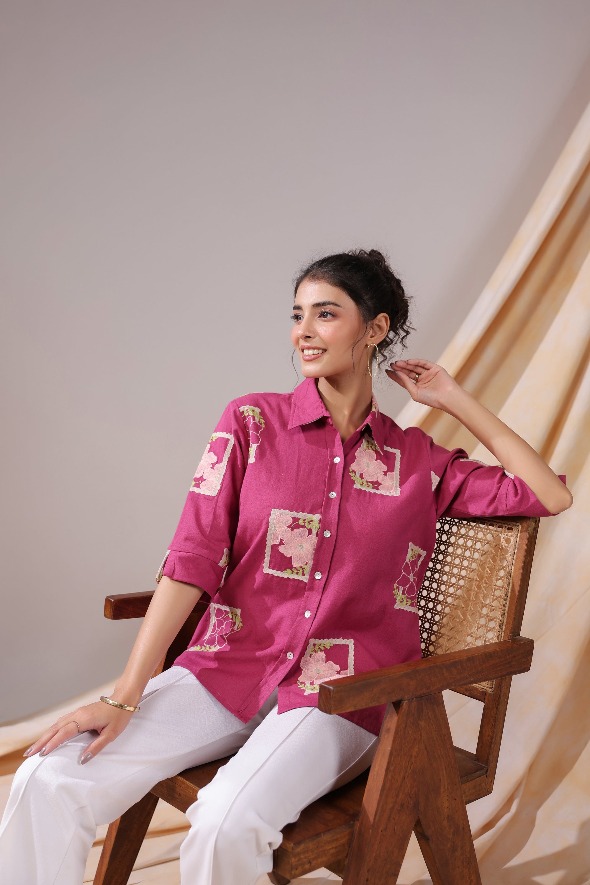 Fuchsia Patchwork Floral Cotton Flex Shirt