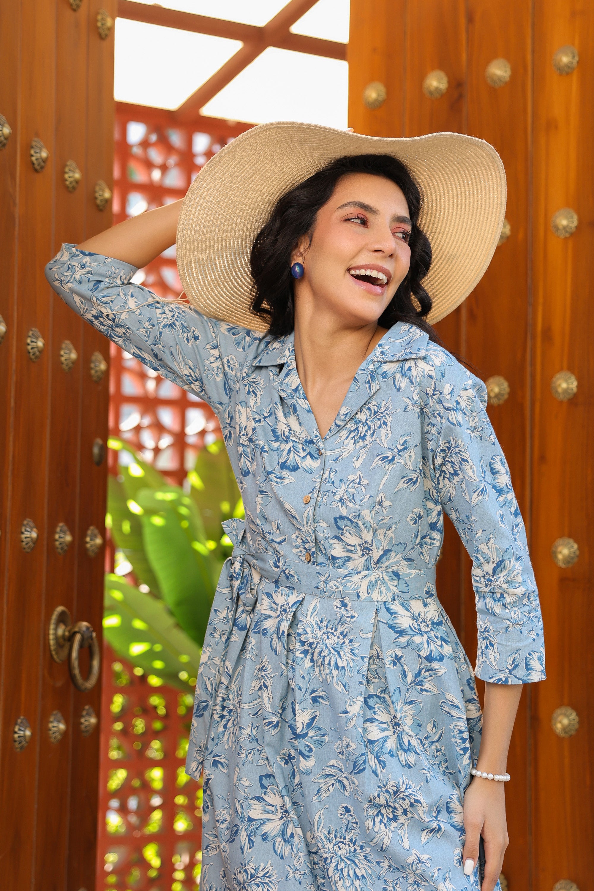 Powder Blue Floral Charm Cotton Flex Dress