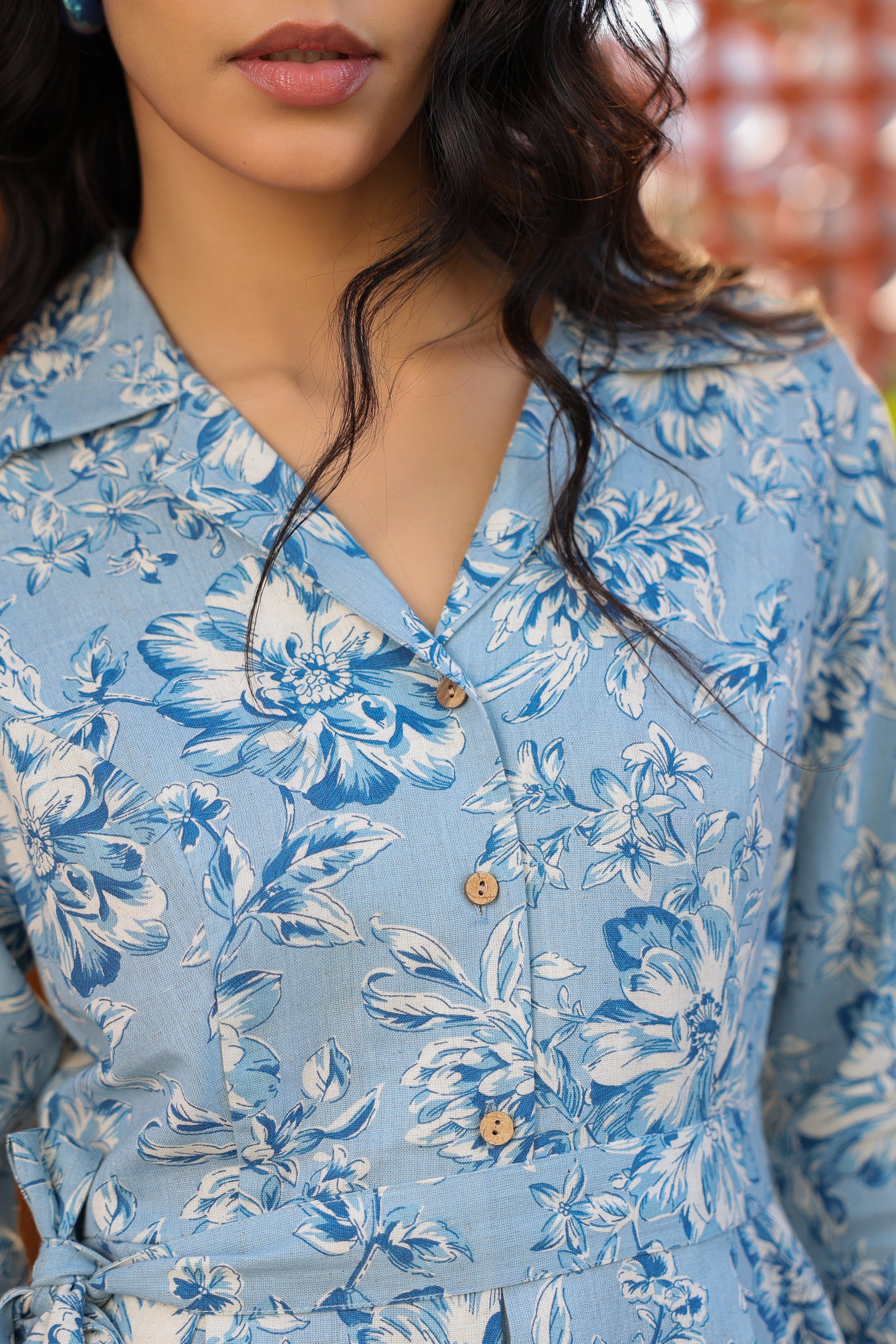 Powder Blue Floral Charm Cotton Flex Dress