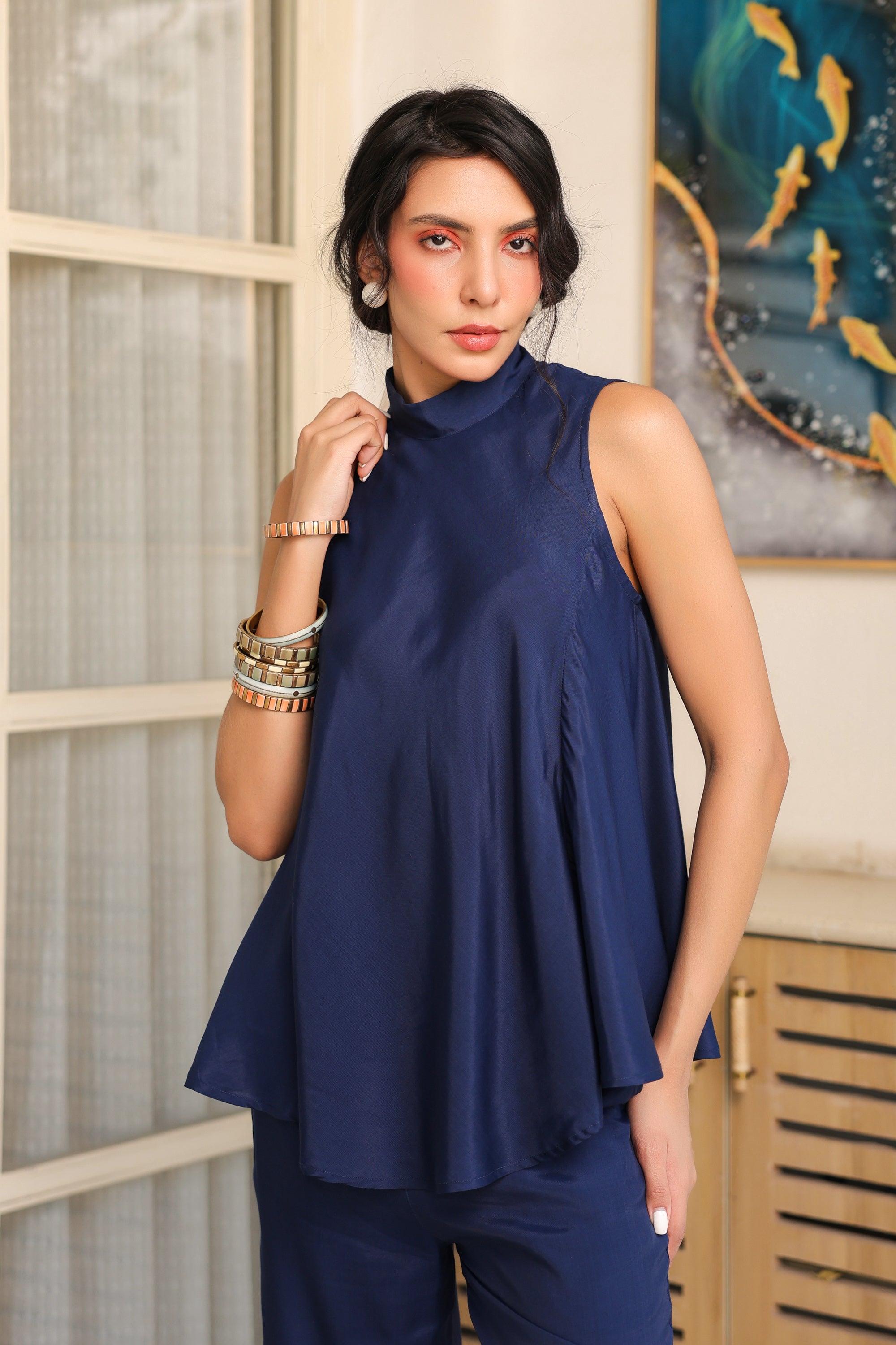 Oxford Blue Sleeveless Russian Silk Co-ord Set