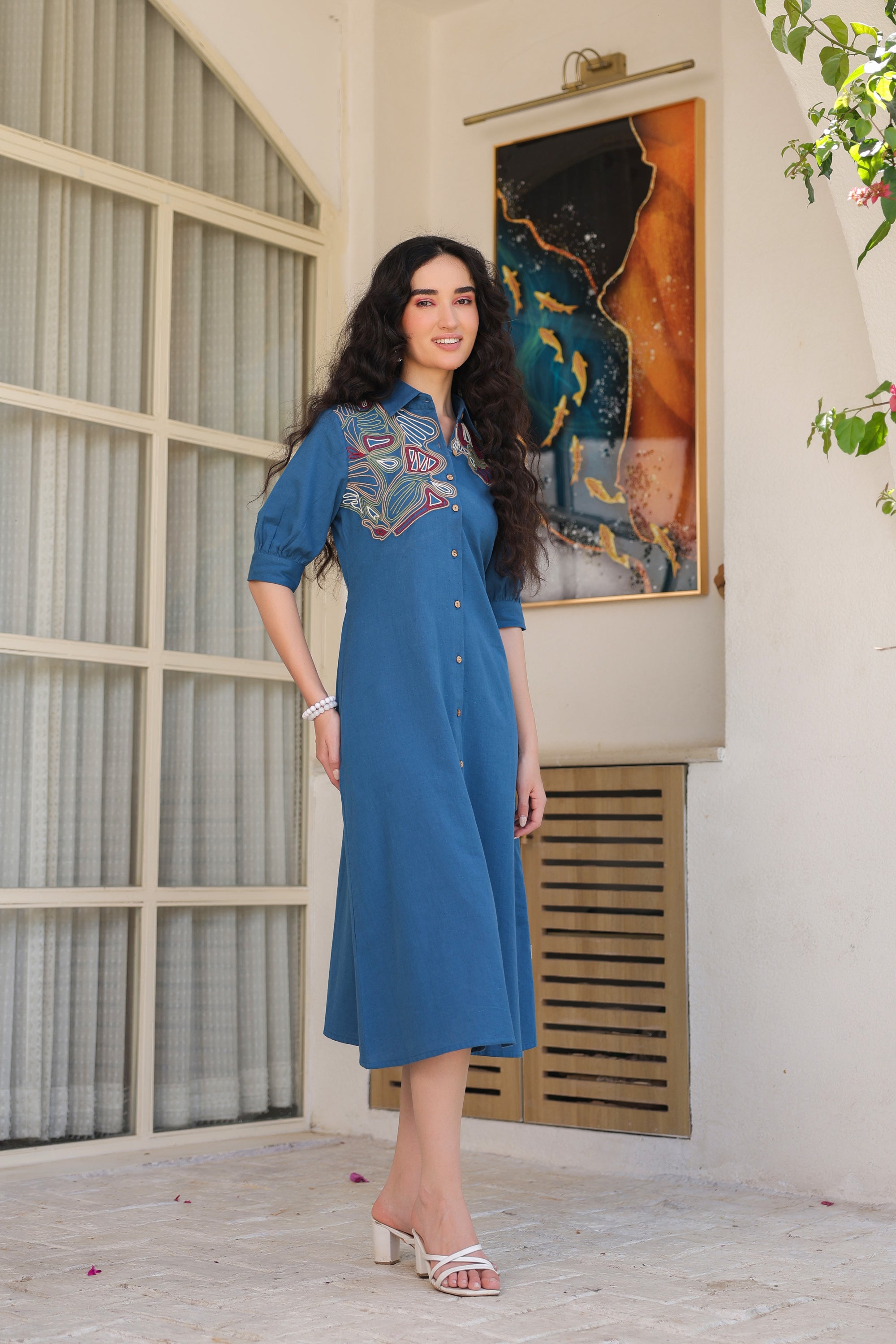 Blue Sand Shirt Dress with Embroidery