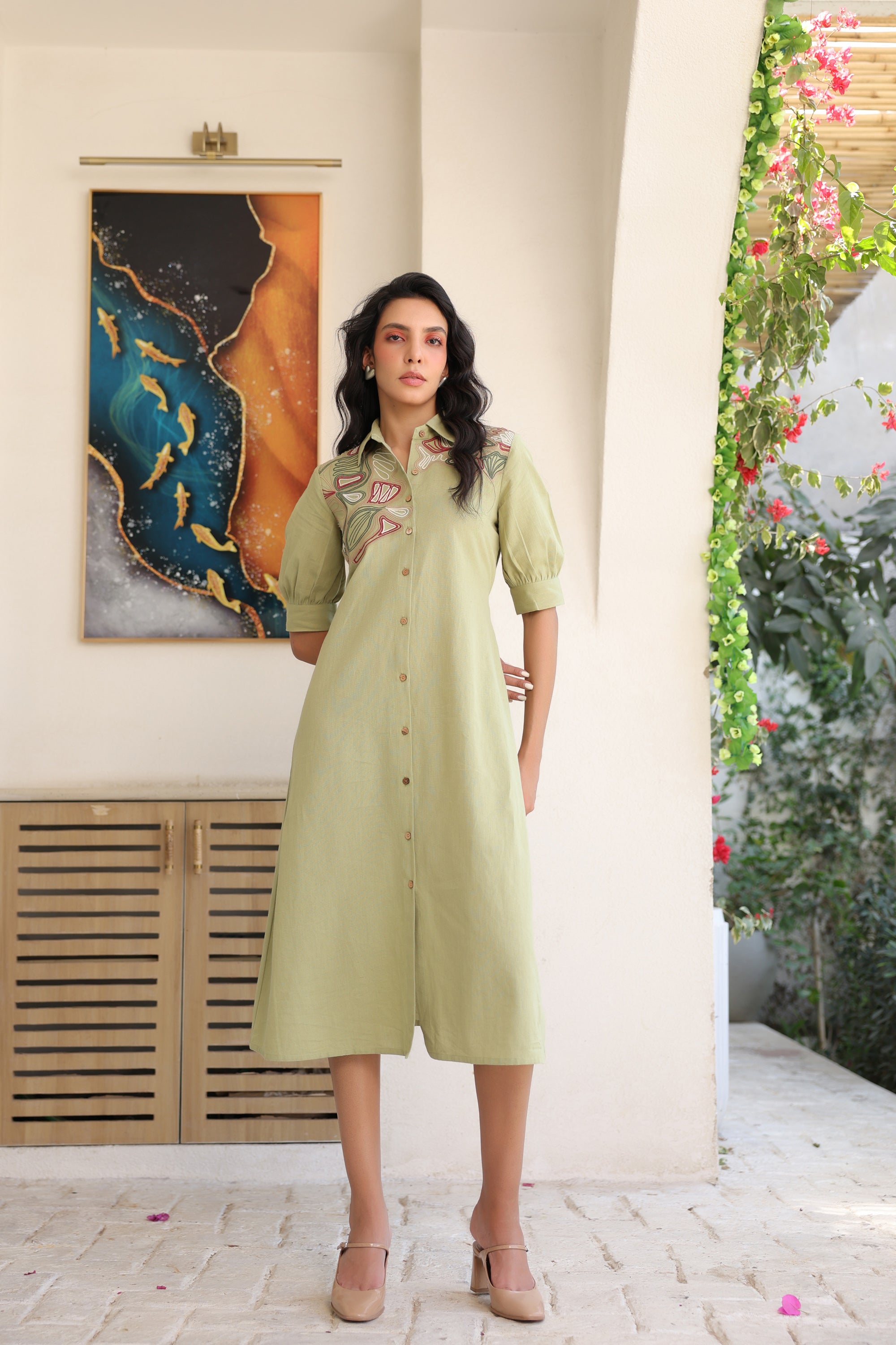 Sage Sand Shirt Dress with Embroidery