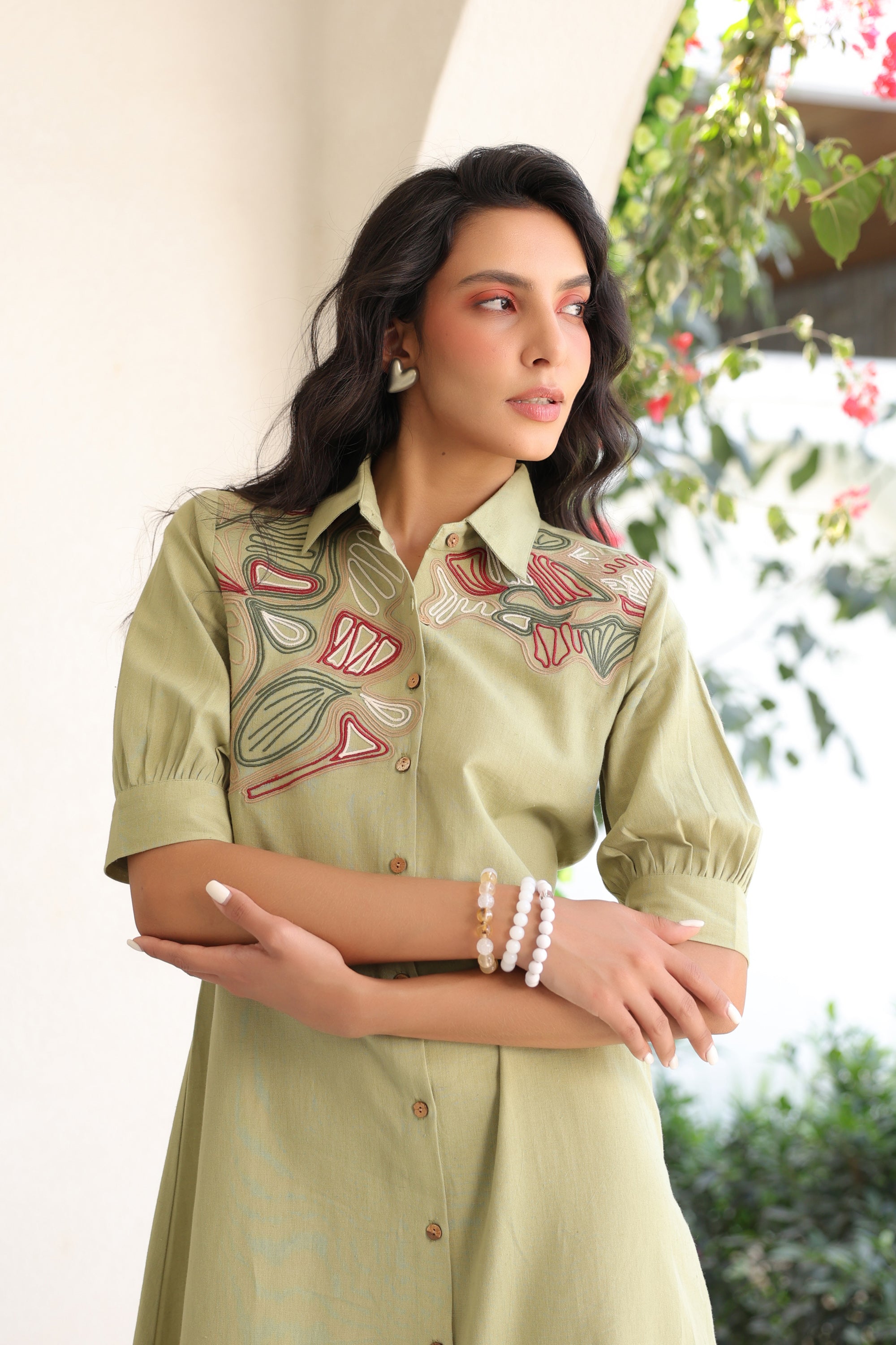 Sage Sand Shirt Dress with Embroidery