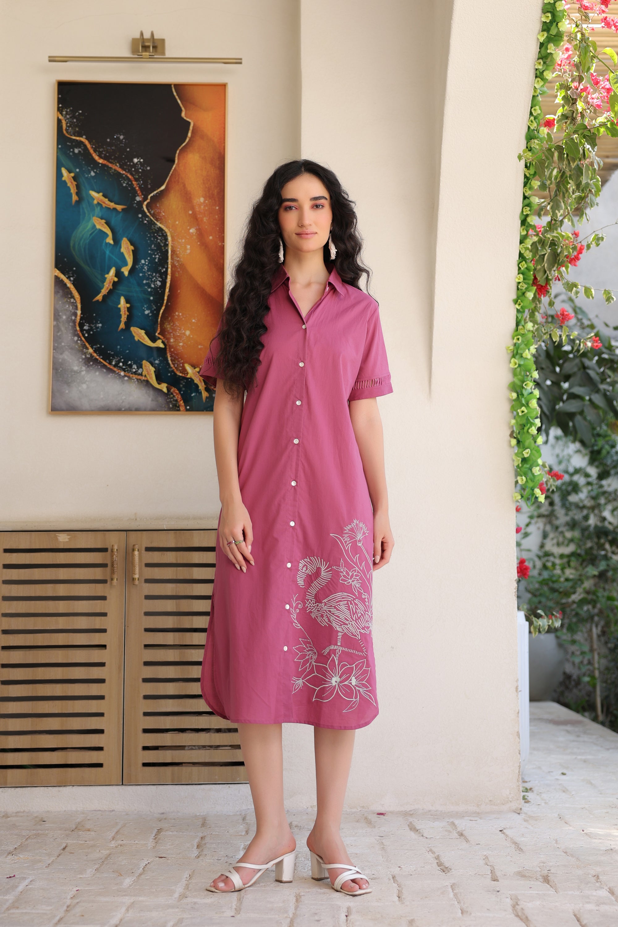 Dusky Flamingo Shirt Cotton Dress