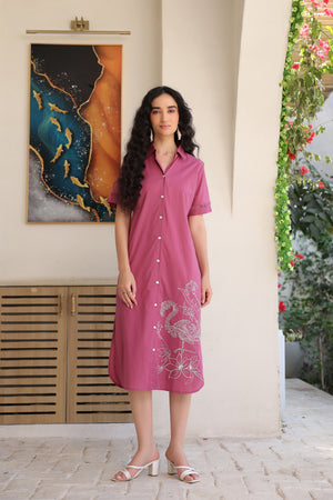 Dusky Flamingo Shirt Cotton Dress