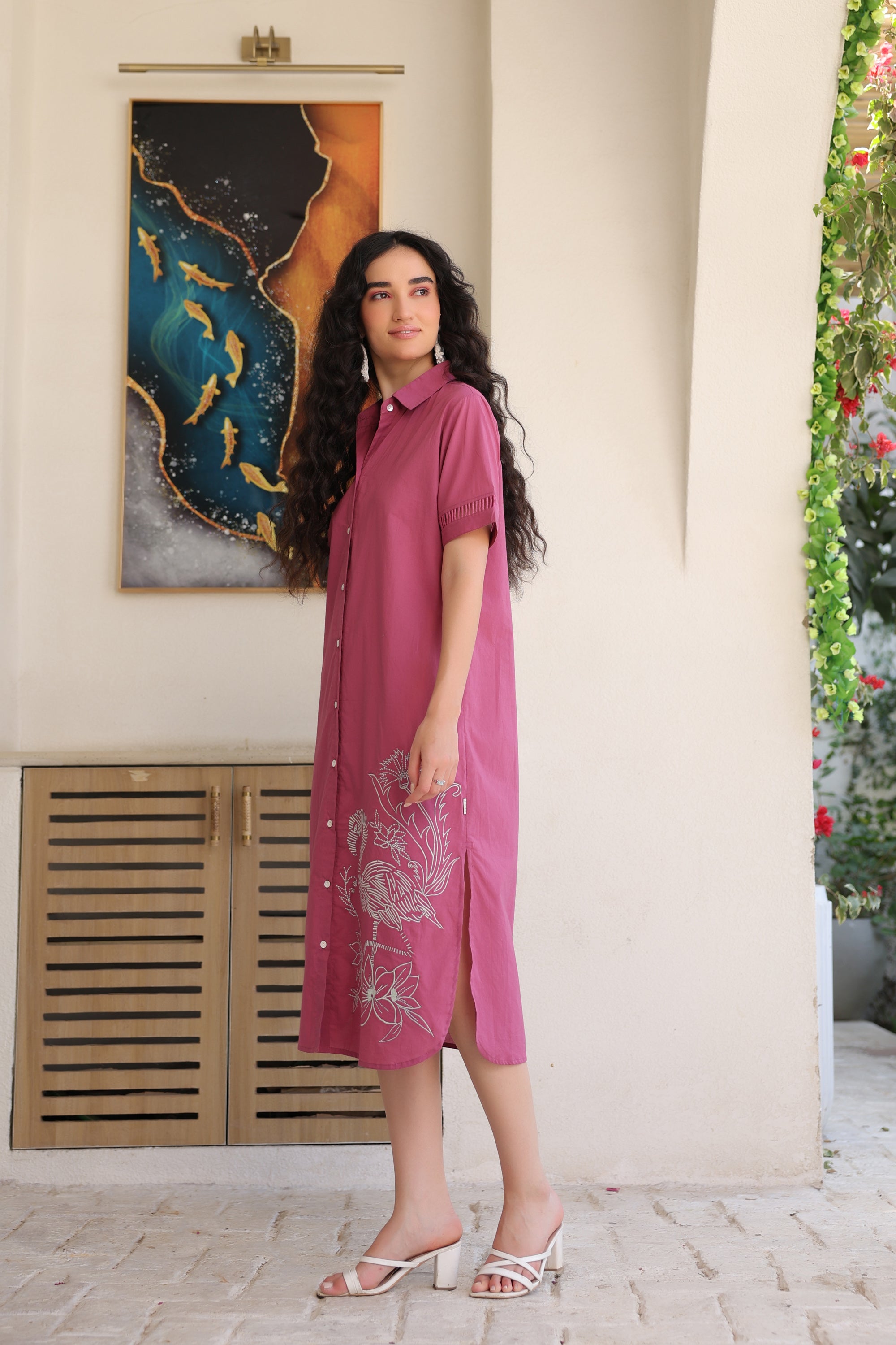 Dusky Flamingo Shirt Cotton Dress