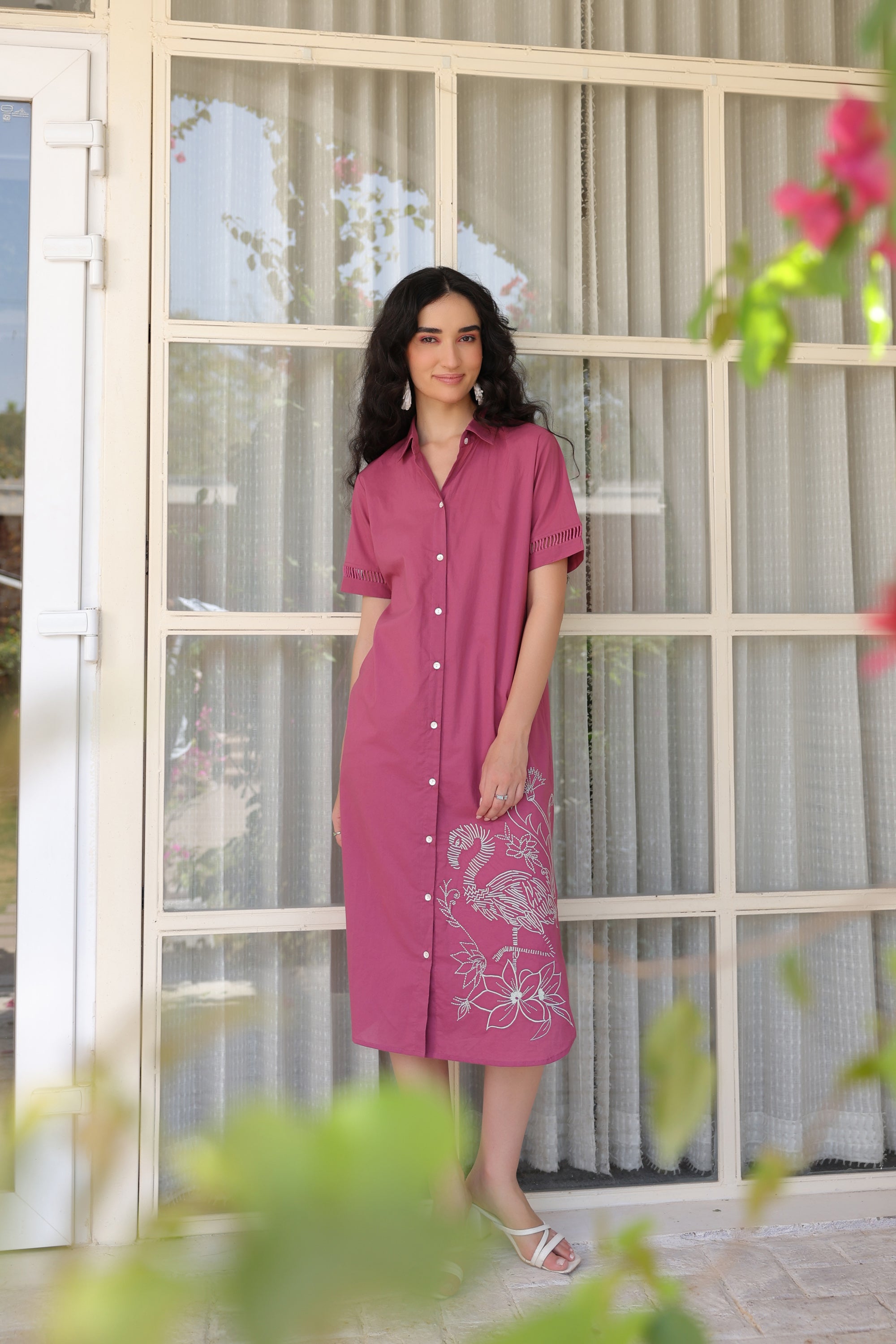 Dusky Flamingo Shirt Cotton Dress