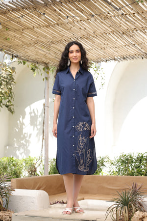Navy Blue Safari Shirt Cotton Dress