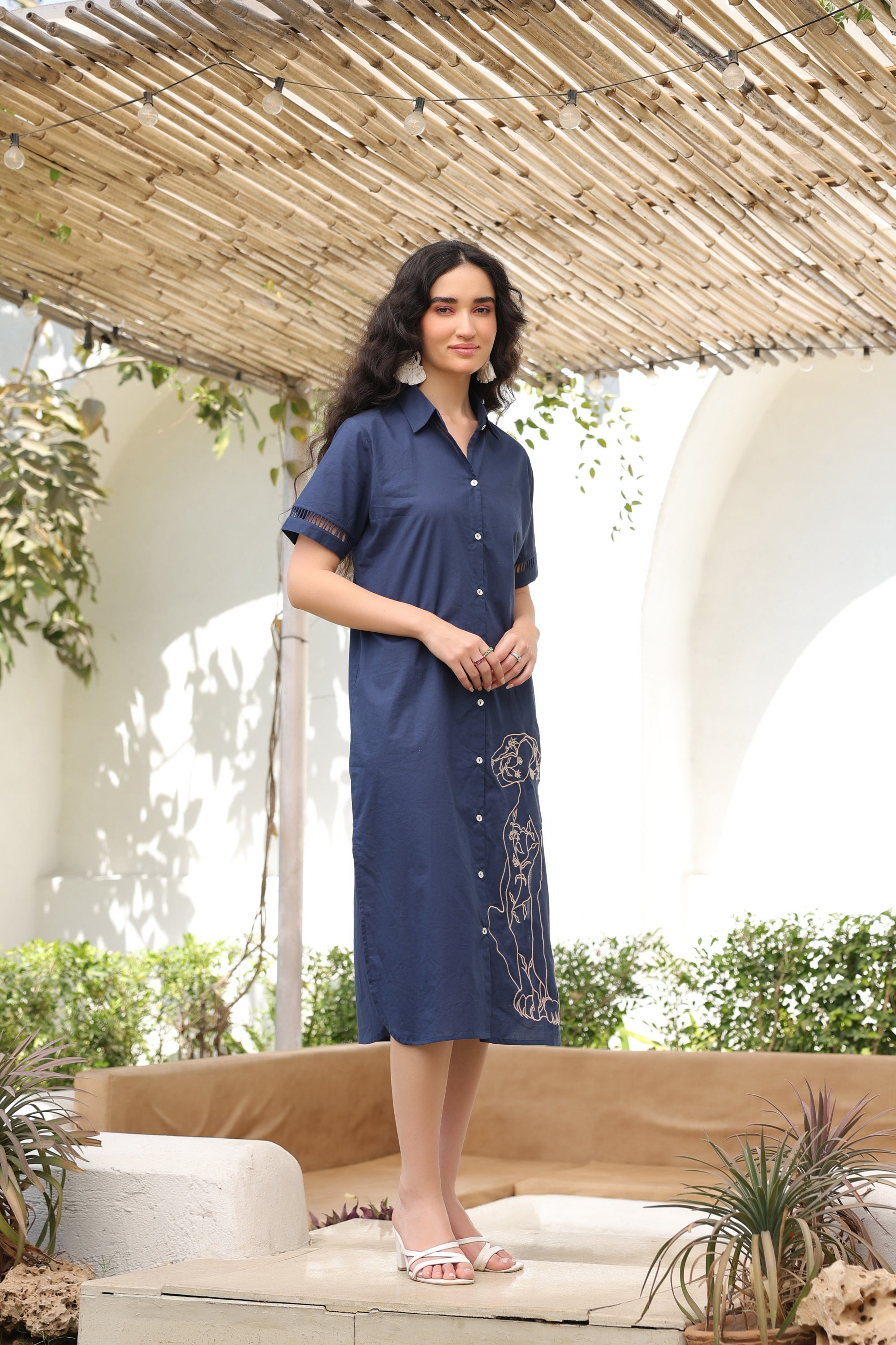 Navy Blue Safari Shirt Cotton Dress