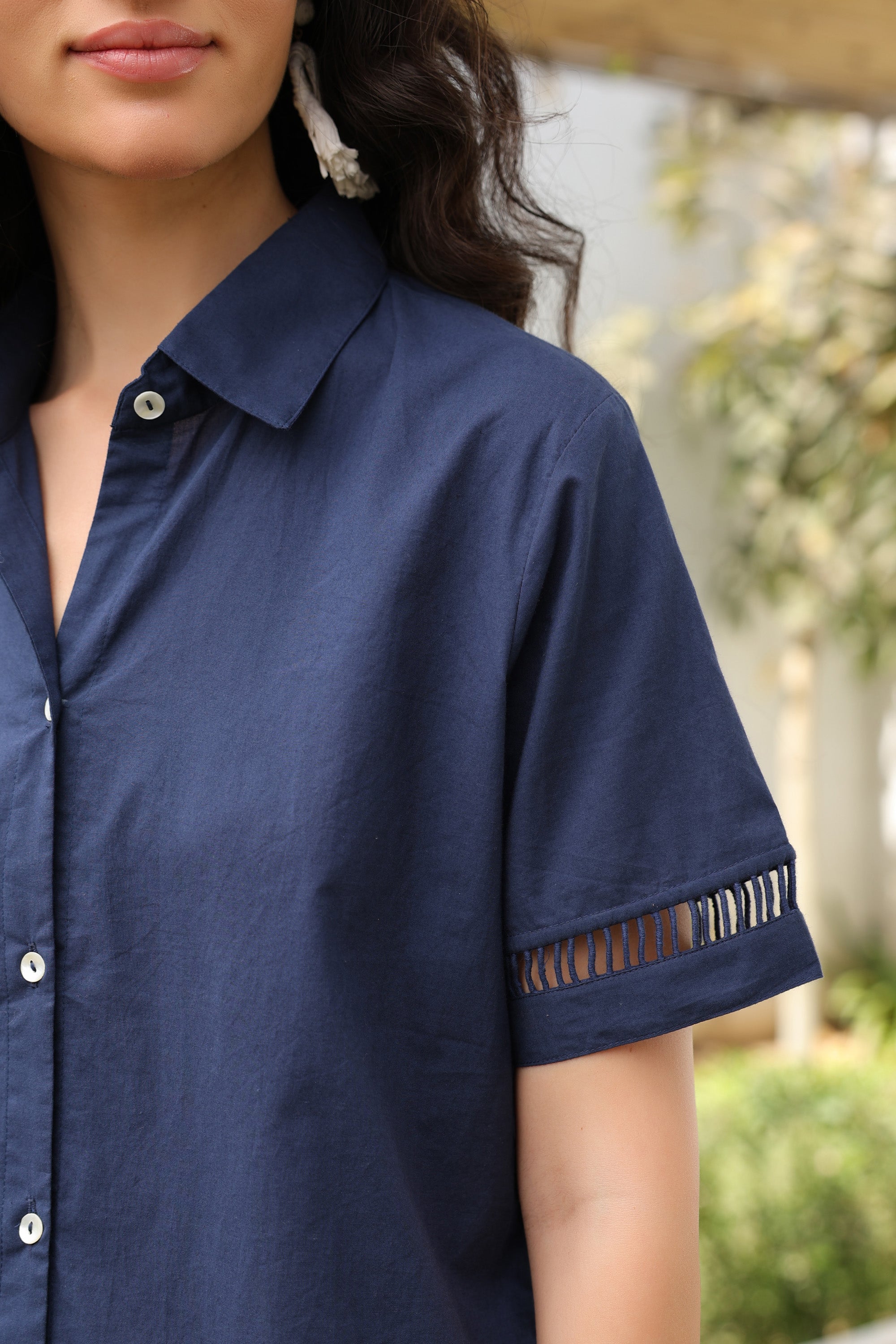 Navy Blue Safari Shirt Cotton Dress