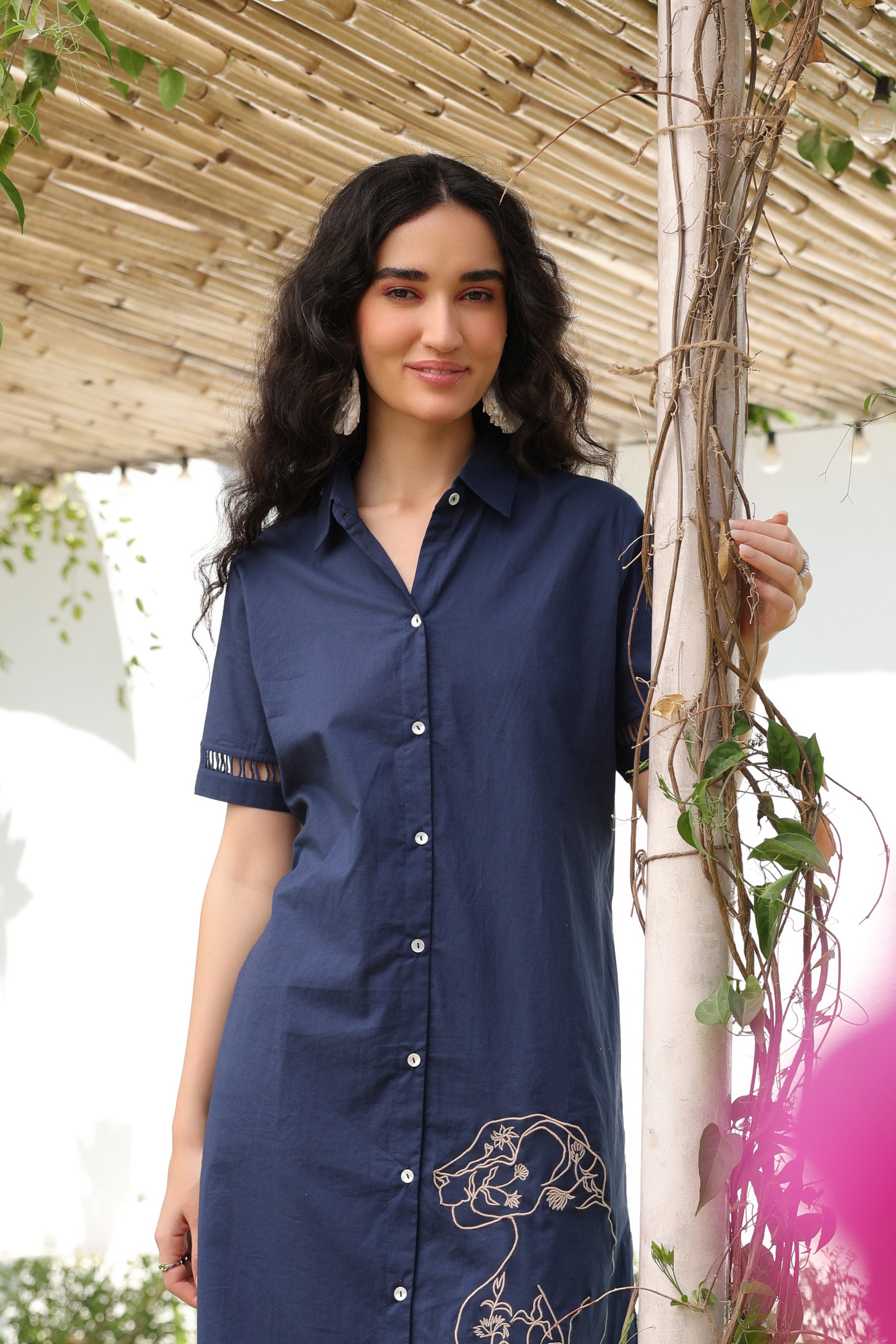Navy Blue Safari Shirt Cotton Dress