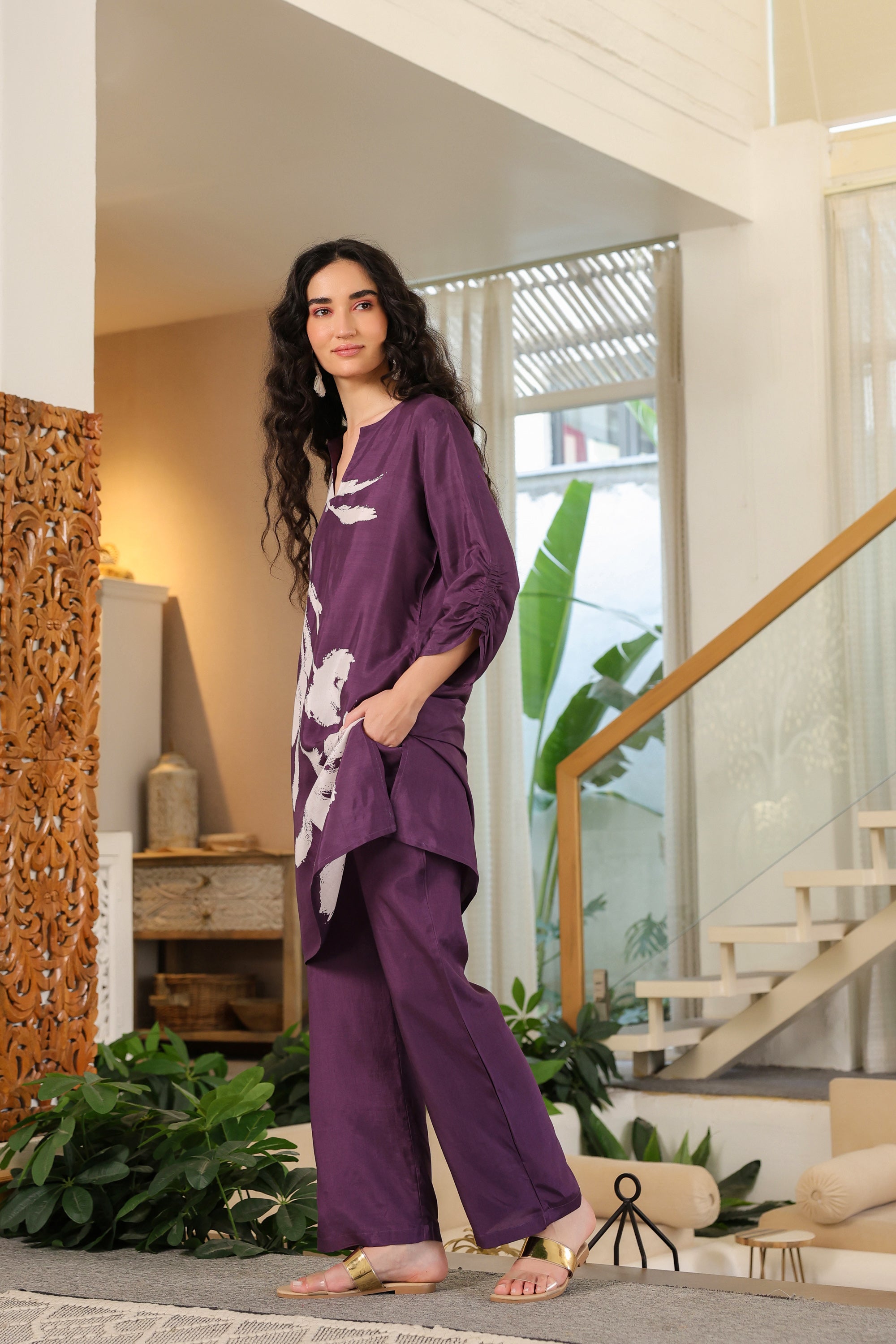 Purple Floral Russian Silk Co-ord Set