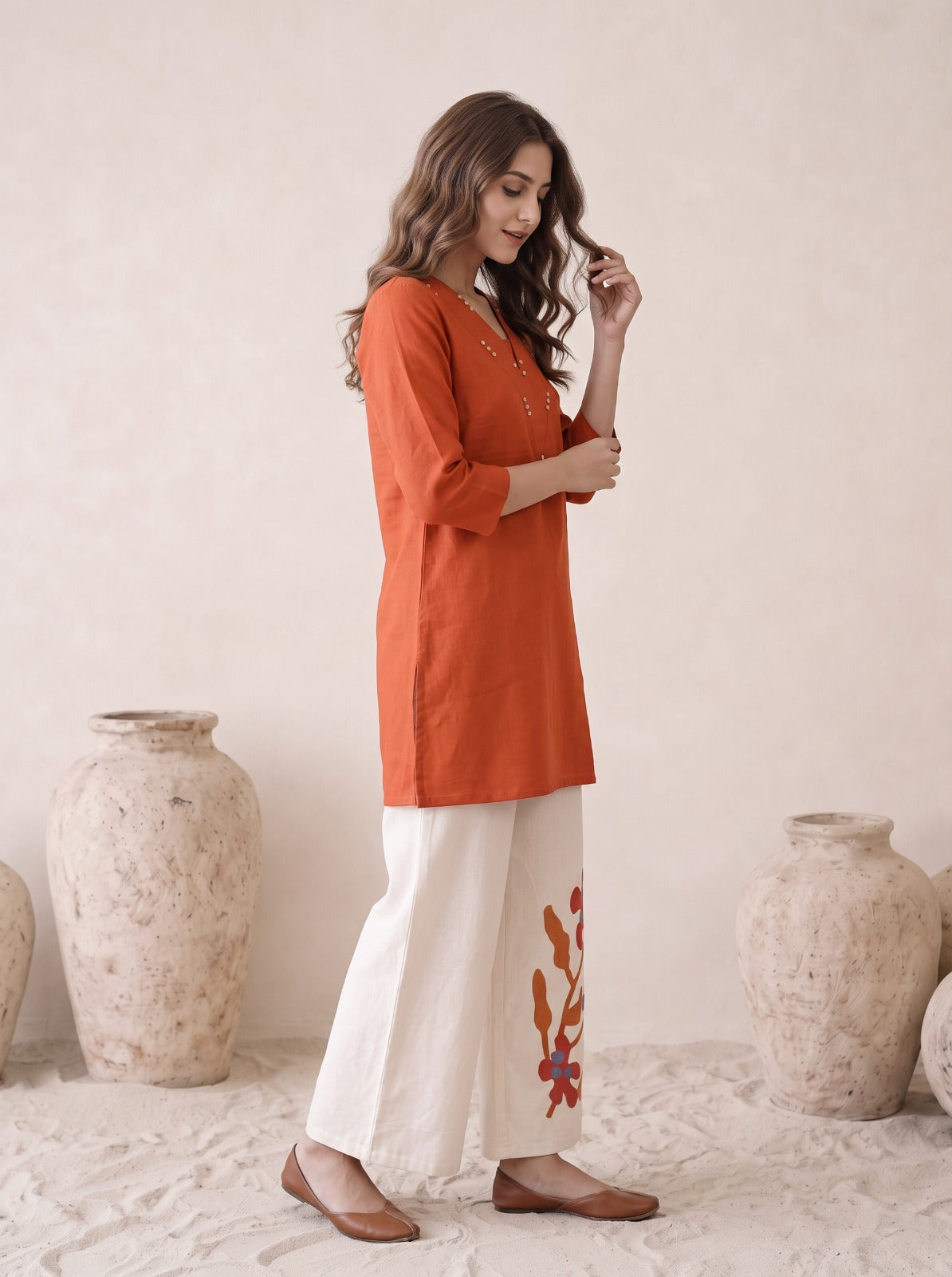Rust Embellished Floral Cotton Flex Co-ord Set