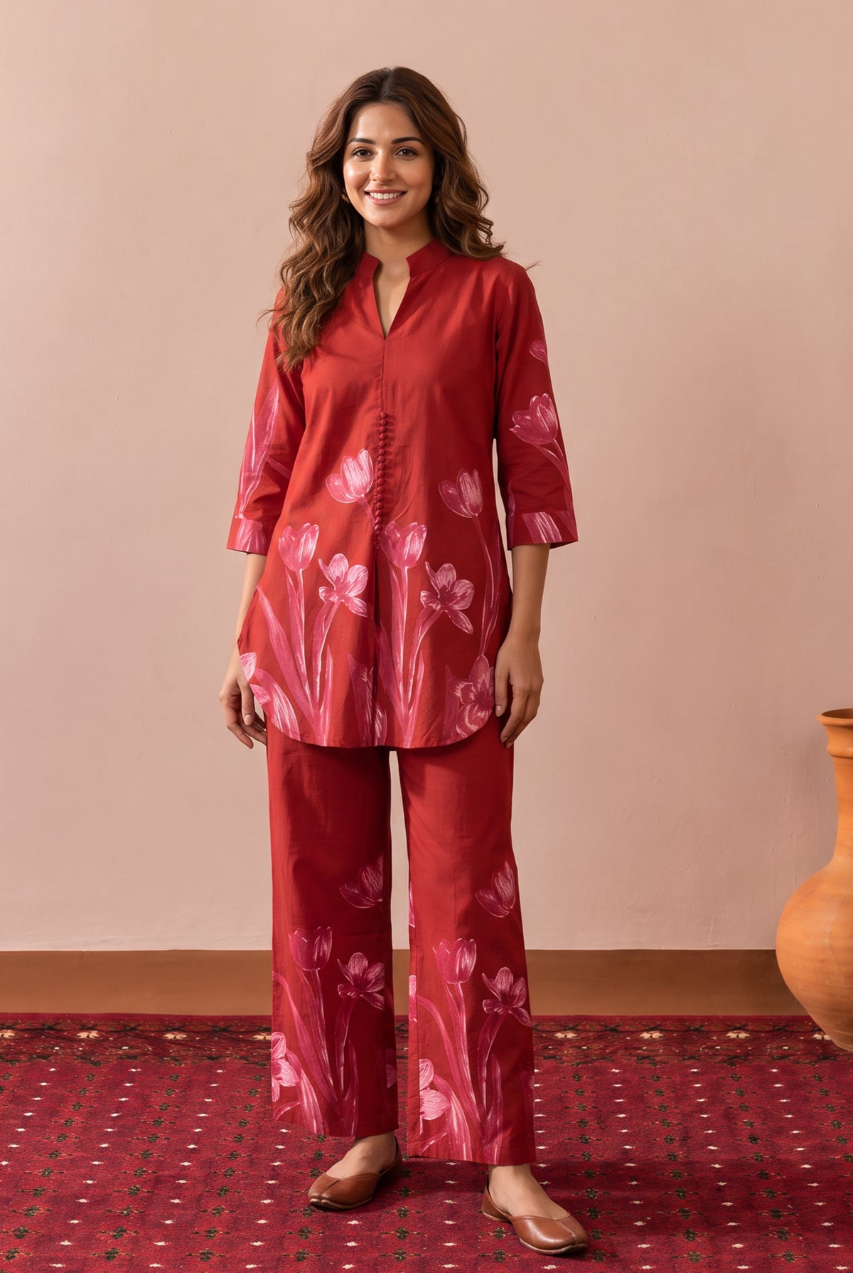 Red Tulip Floral Printed Cotton Co-ord Set