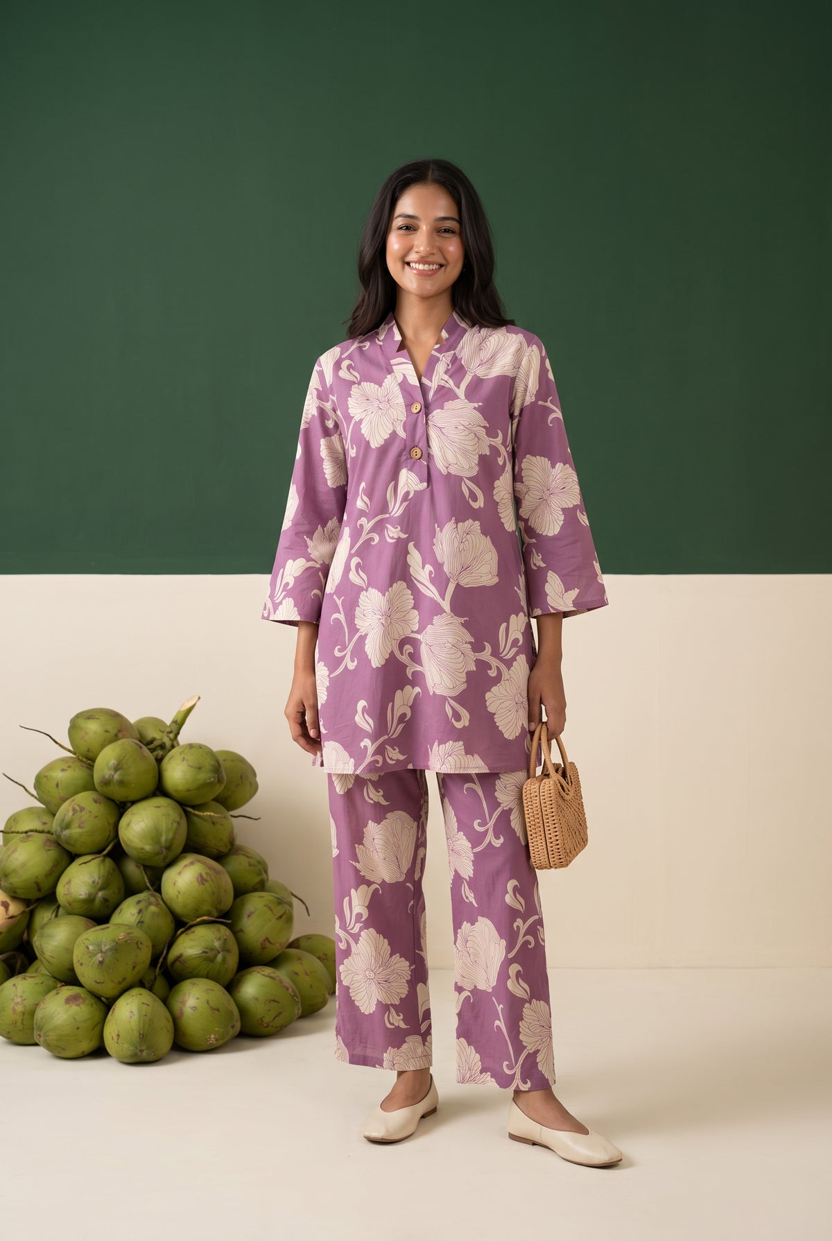 Purple Floral Printed Cotton Button-Down Co-ord Set