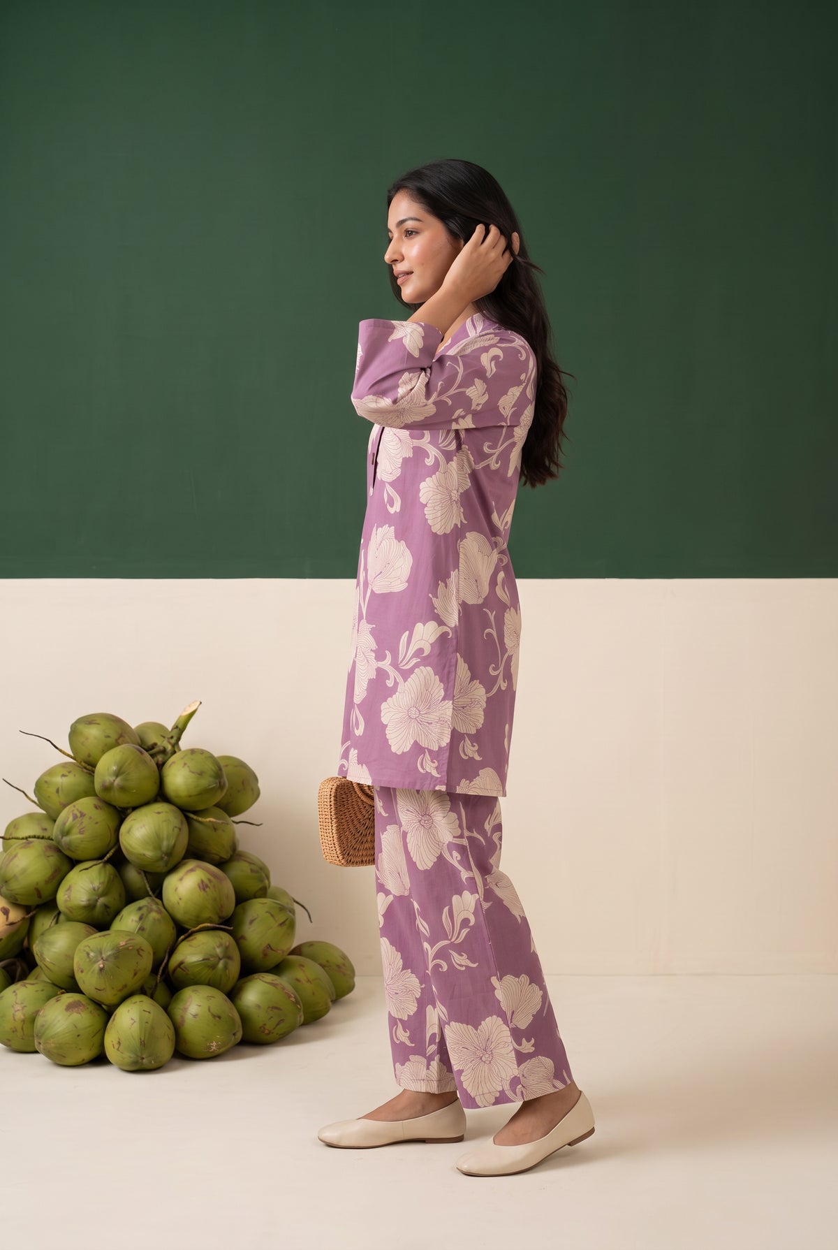 Purple Floral Printed Cotton Button-Down Co-ord Set