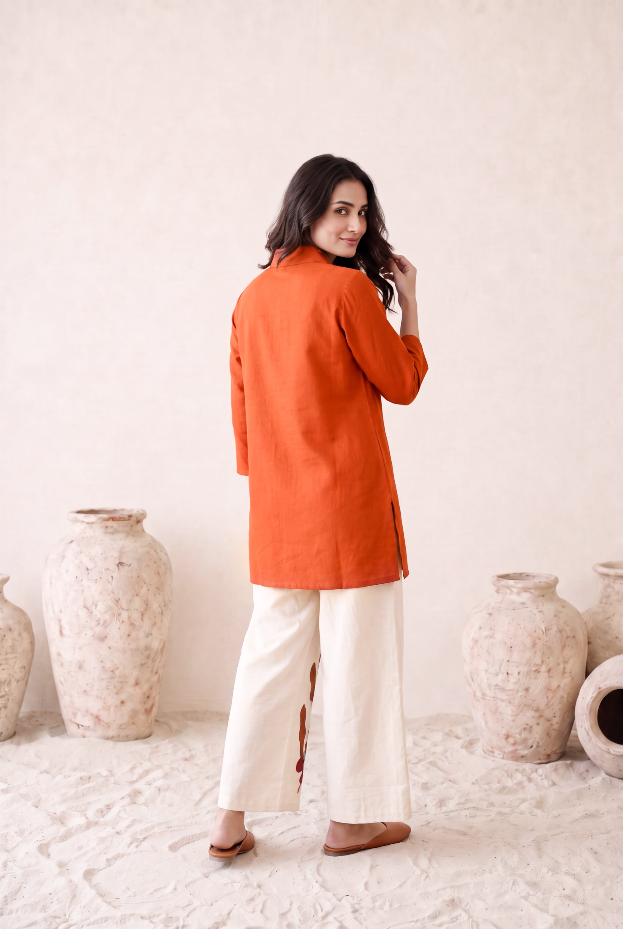 Rust Solid Kurta with Floral Embroidered Cotton Co-ord Set