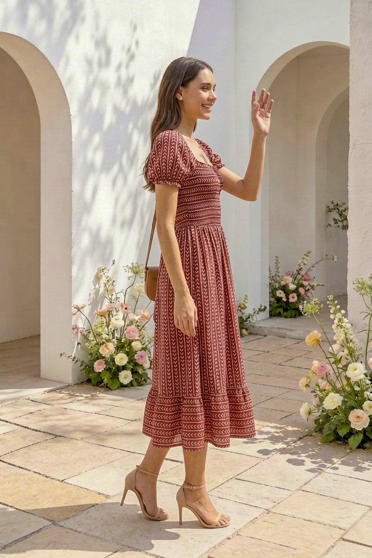 Geometric Arrows on Maroon Silk Midi Dress