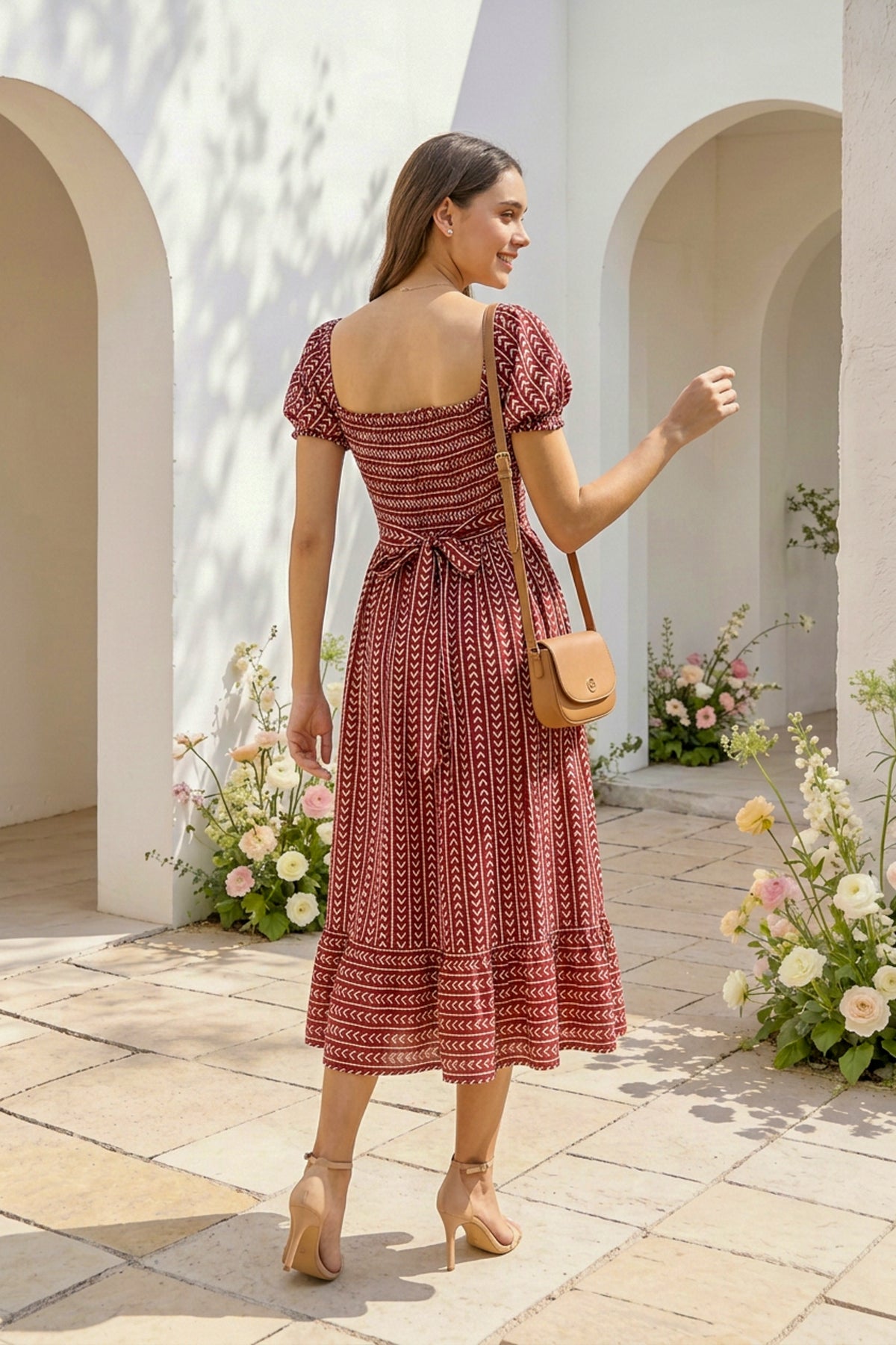 Geometric Arrows on Maroon Silk Midi Dress