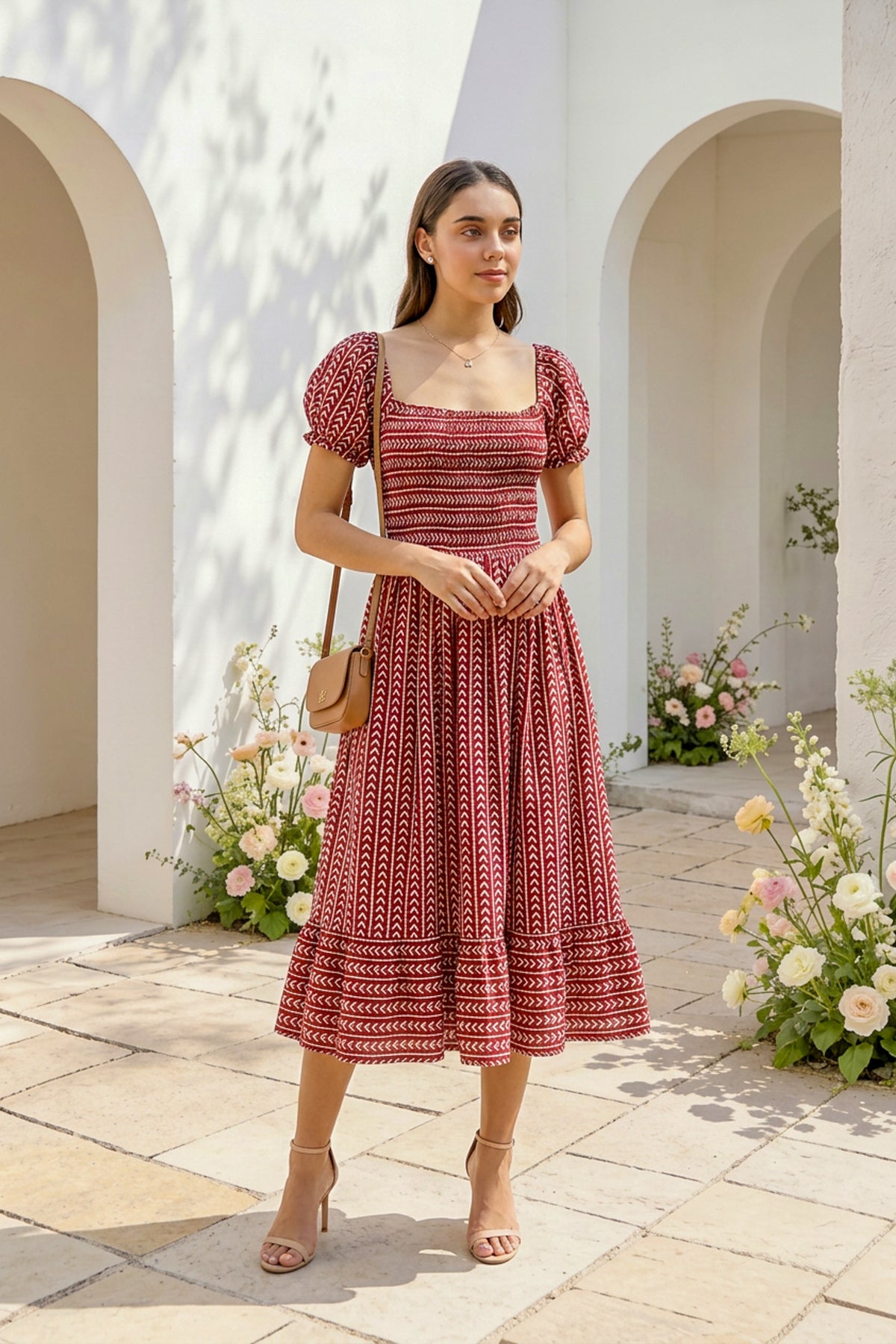 Geometric Arrows on Maroon Silk Midi Dress