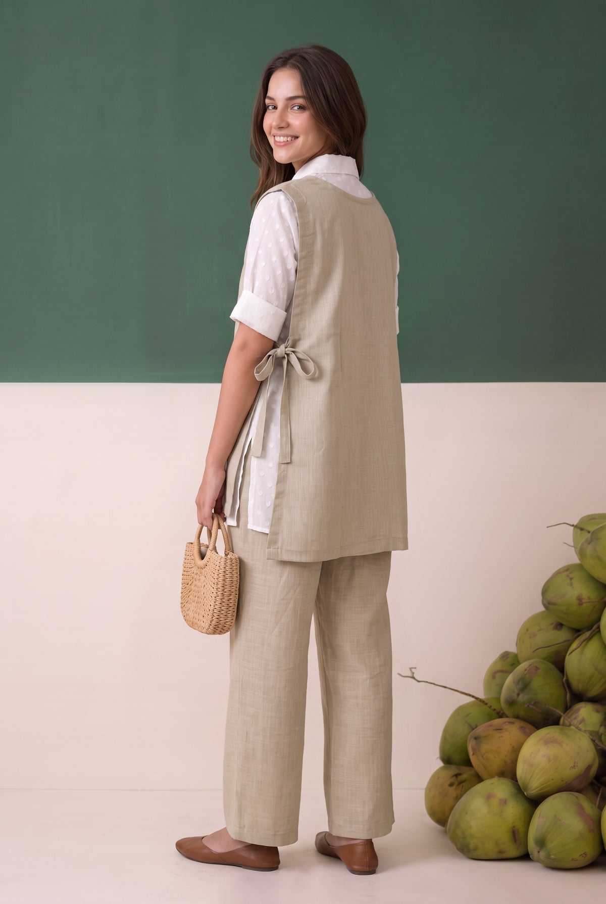 Beige Floral Embroidered Cotton Three-Piece  Set