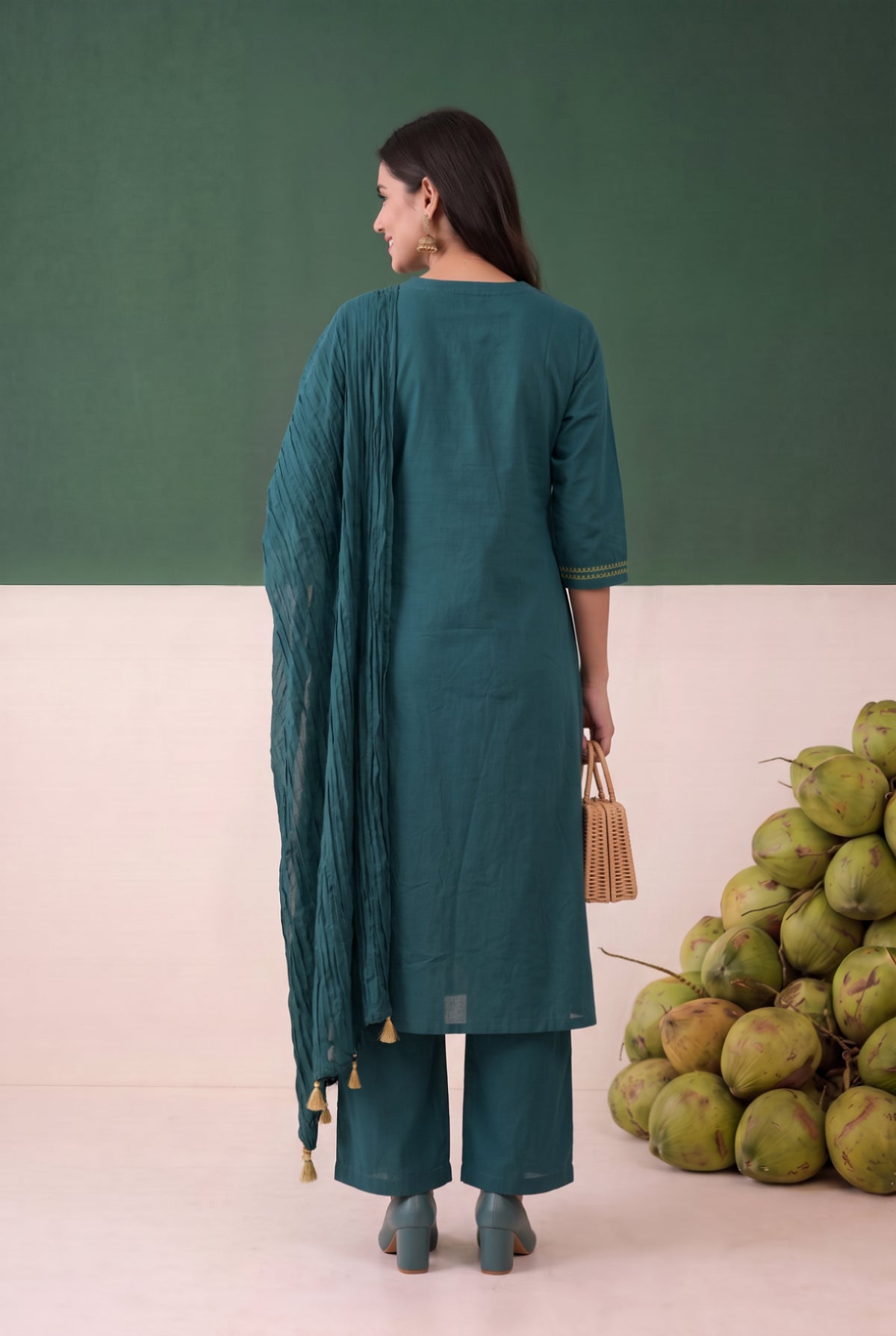 Teal Floral Embroidered Cotton A Line Kurta Set