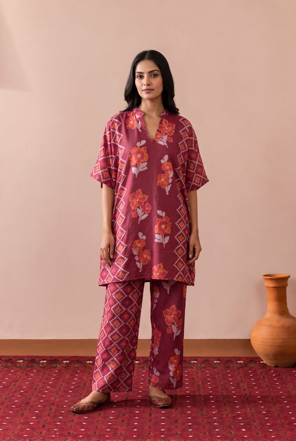 Maroon Floral Mosaic Printed Cotton Co-ord Set